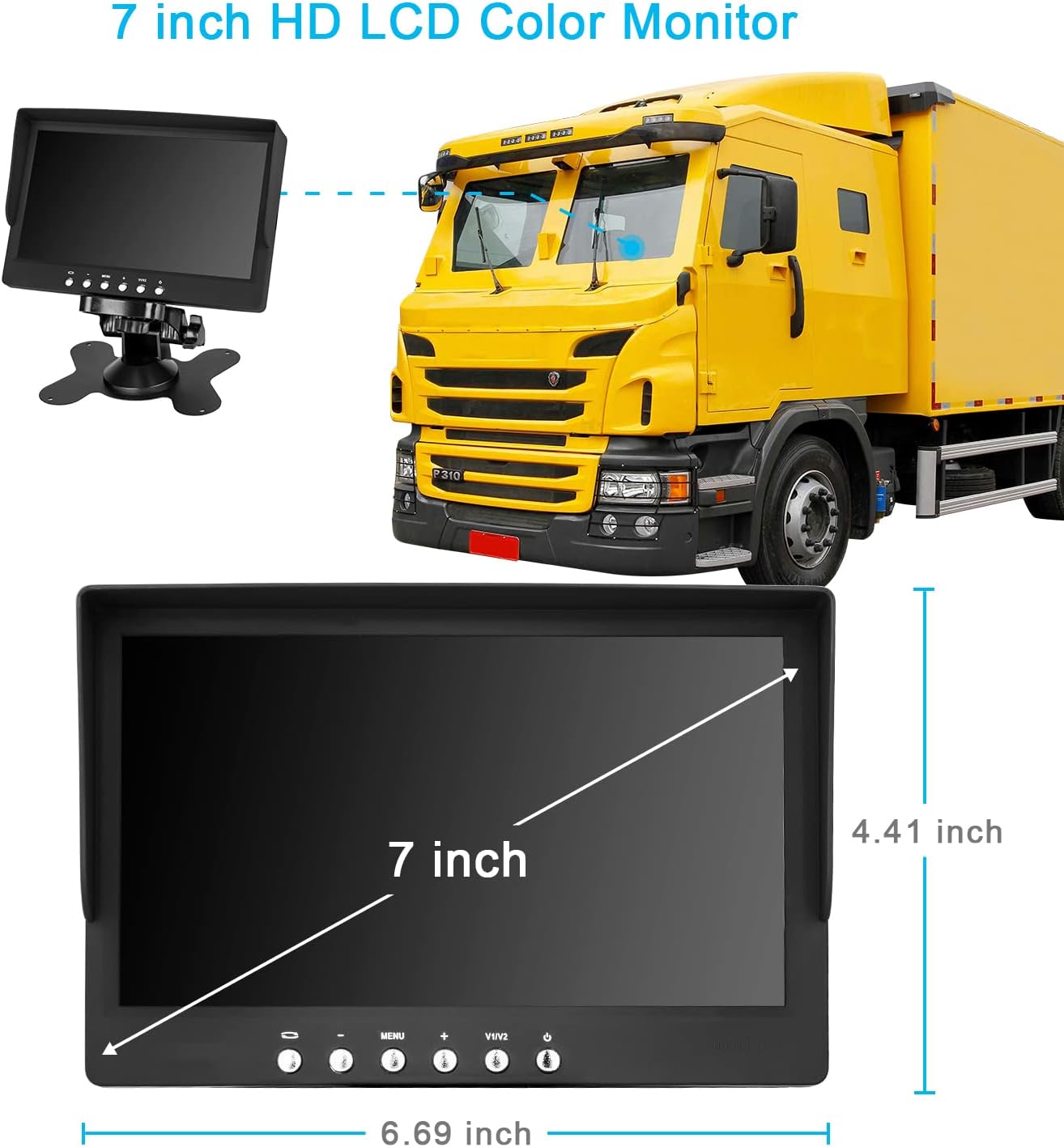 Truck Backup Camera kit,Waterproof Night Vision Rearview Camera cab cam with 7 inch Monitor+ 4 PIN Camera Cable for Bus/Van/Trailer/RV/Camper/Motor Home/Pickup/Harvester/5th Wheel Vehicles(12-24V)