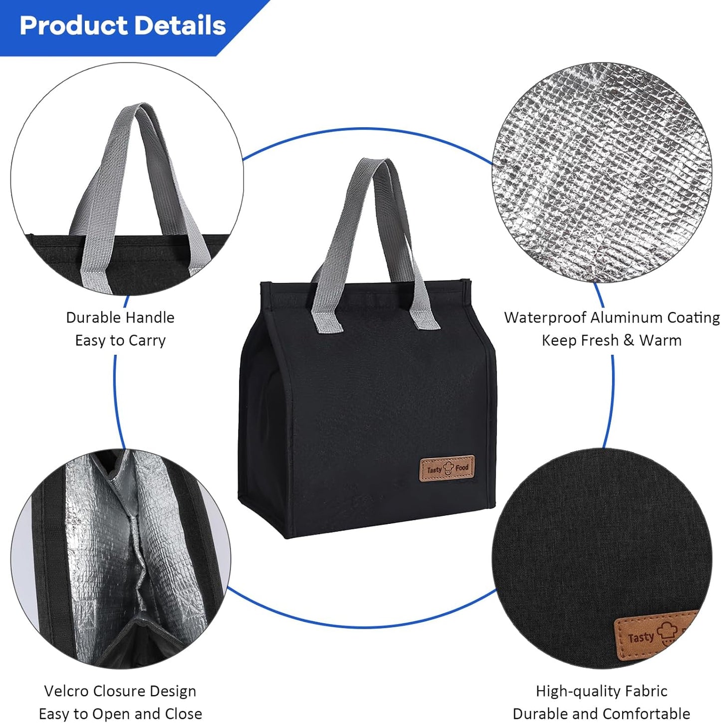 Lunch Bags for Women Men, Reusable Insulated Leakproof Lunch Box Bag for Adult Kids, Small Cooler Bag for Work School Picnic Travel (Black)
