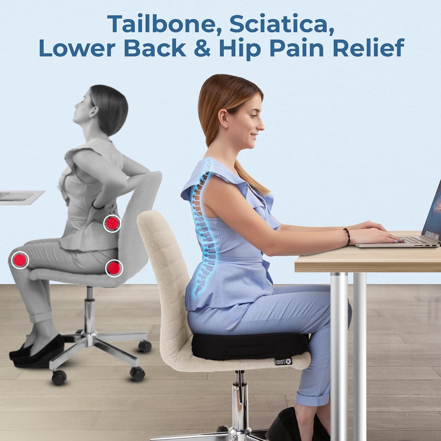 5 STARS UNITED Seat Cushion for Desk Chair - Tailbone, Coccyx Sciatica Pain Relief - Wheelchair Cushions, Black Mesh