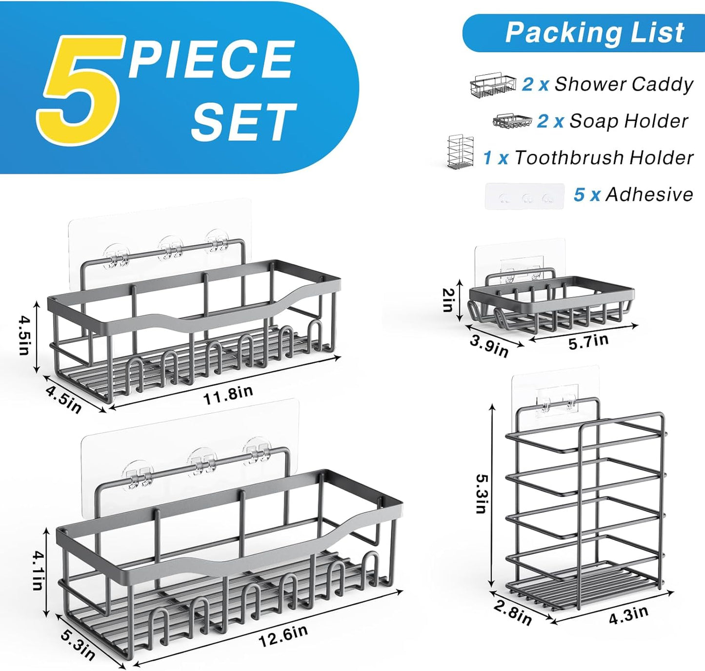 EUDELE 5-Pack Rustproof Stainless Steel Shower Caddy – No Drill Adhesive Bathroom Organizer with Large Capacity, Spacious Shower Shelves for Inside Shower, Kitchen & Home Decor Storage - PuriLite