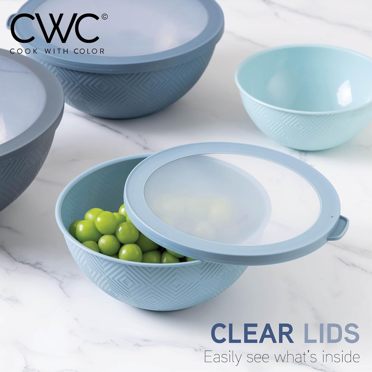 COOK WITH COLOR Mixing Bowls with TPR Lids - 12 Piece Plastic Nesting Bowls Set Includes 6 Prep Bowls and 6 Lids, Microwave Safe Mixing Bowl Set (Green)