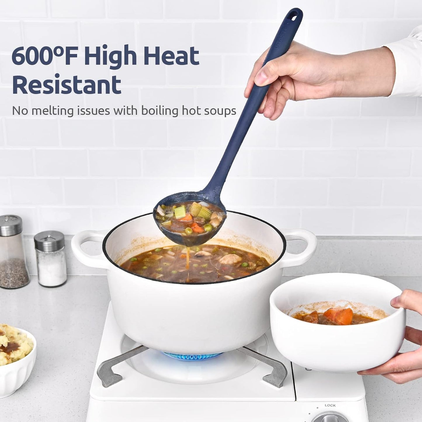 13 inch Silicone Soup Ladle: U-Taste 600ºF Heat Resistant 4 oz Large Non-Stick Seamless Rubber Kitchen Deep Serving Spoon with Non-Slip Solid Long Handle for Cooking Sauce/Stews/Gravies/Chili(Purple)