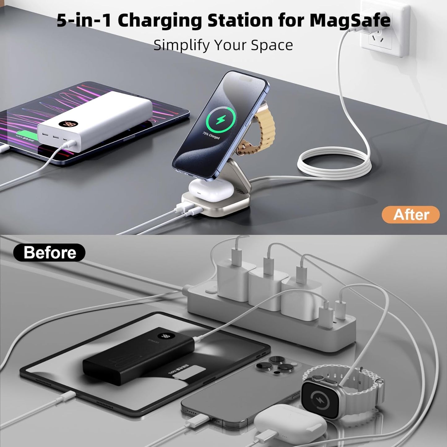 5-in-1 Wireless Charger for Magsafe, AC ISLAND Aluminum Travel Charging Station for Apple, 15W Snap Magnetic Multi Charging Stand Dock for iPhone 16/15/14/13 Apple Watch AirPods (with 35W GaN Adapter)