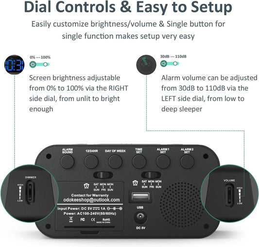 Odokee Digital Dual Alarm Clock for Bedroom, Easy to Set, 0-100% Dimmer, USB Charger, 5 Sounds Adjustable Volume, Weekday/Weekend Mode, Snooze, 12/24Hr, Battery Backup, Compact Clock for Bedside(Blue)