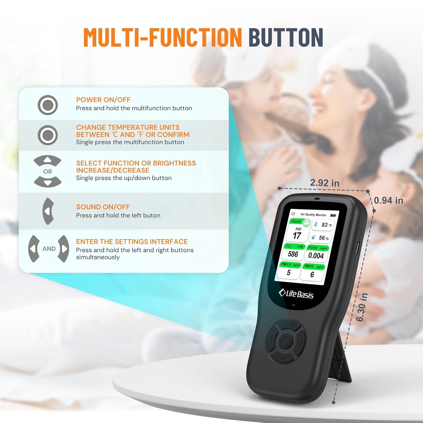 LifeBasis Air Quality Monitor Indoor, 10-in-1 Air Quality Detector with Stand, Real-Time Air Meter Test AQI, PM1.0, PM2.5, PM10, CO2, TVOC, HCHO, Particles, Temperature and Humidity with Alert -Black