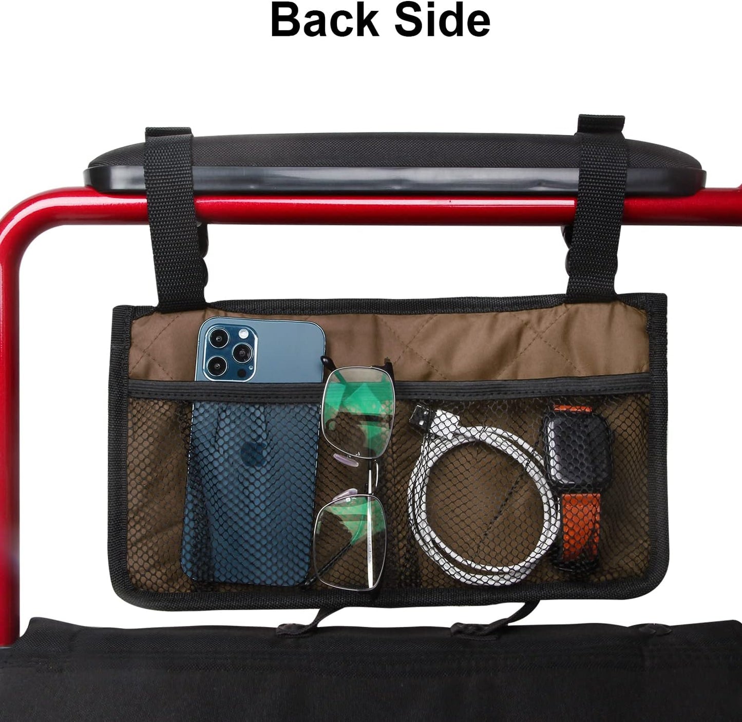 Wheelchair Side Bag, Wheelchair Armrest Storage Pouch with Cup Holder and Reflective Strip for Wheelchairs, Walkers or Rollators (Black)
