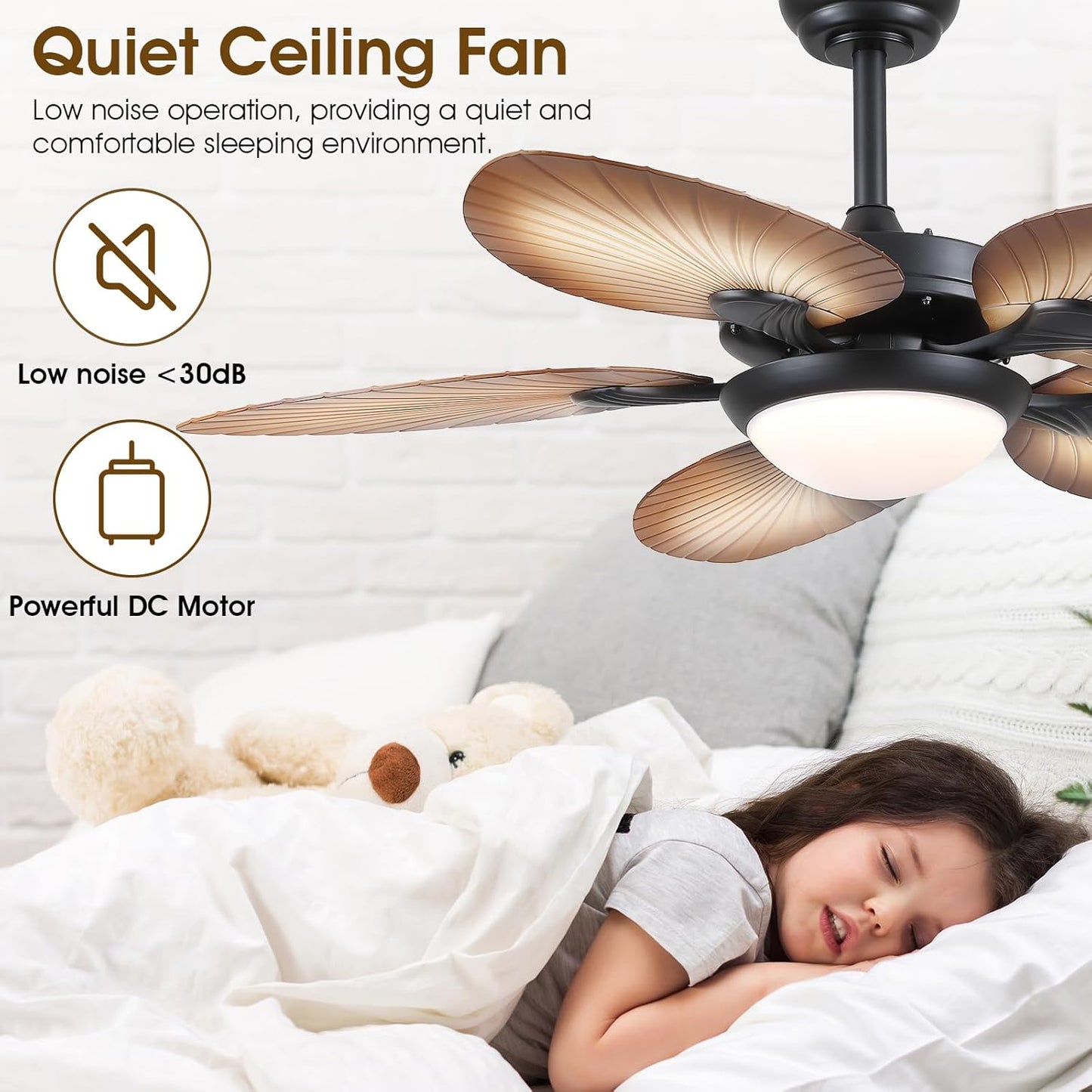 Wiviniya Ceiling Fans with Lights and Remote/APP Control, 44 Inch Tropical Palm Leaf Ceiling Fan with LED Lights, Outdoor Ceiling Fans for Patios Porch, Reversible Quiet Motor, Dimmable, Light Brown