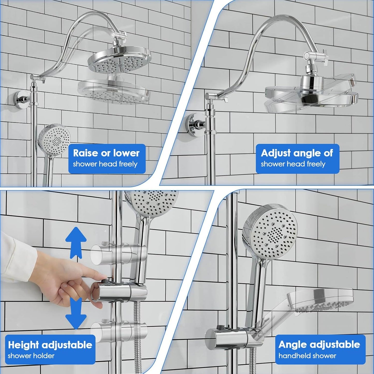 ROVOGO Retrofit Shower System with 7" RainShower, 5-Setting Handheld, 22" Slide Bar with 3-Way Rotary Diverter, Exposed Pipe Shower Column Kit 304 Stainless Steel, Chrome (NOT Include Mixer Valve)