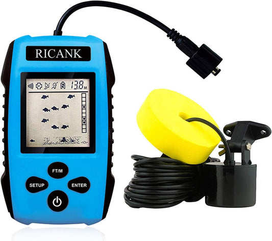 RICANK Portable Fish Finder, Handheld Fish Depth Finder Contour Readout Fishfinder Ice Kayak Shore Boat Fishing Fish Detector Device with Sonar Sensor Transducer and LCD Display Gear Fish Depth Finder