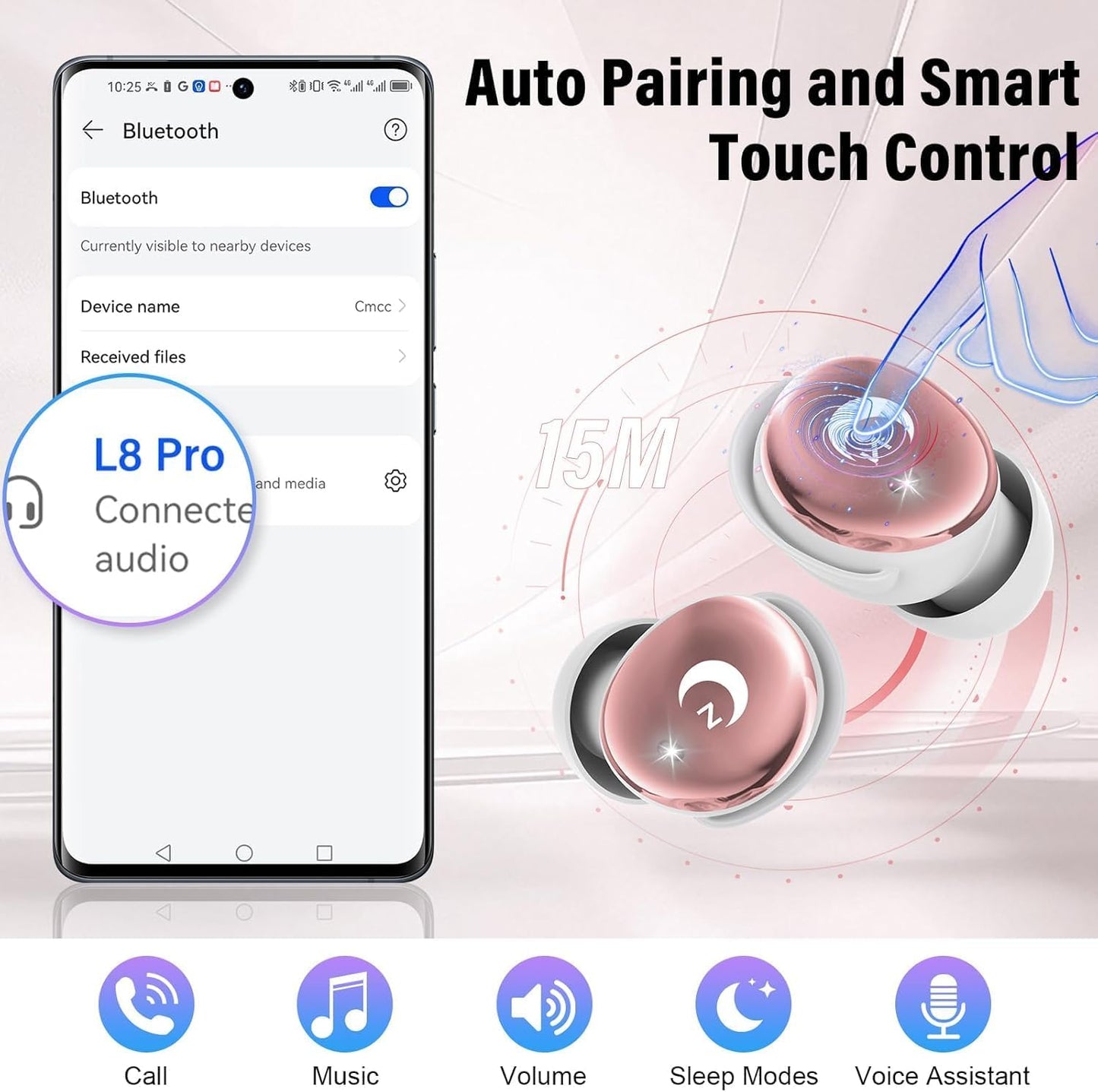 VEKJ Sleep Earbuds, Bluetooth 5.4 Mini Wireless Ear Euds with Multifunctional Touch Screen, 48H Bass Stereo Headphones with Sleep Mode/5 EQ Modes/ENC Noise Cancelling, IPX7 Earphones for iOS Android