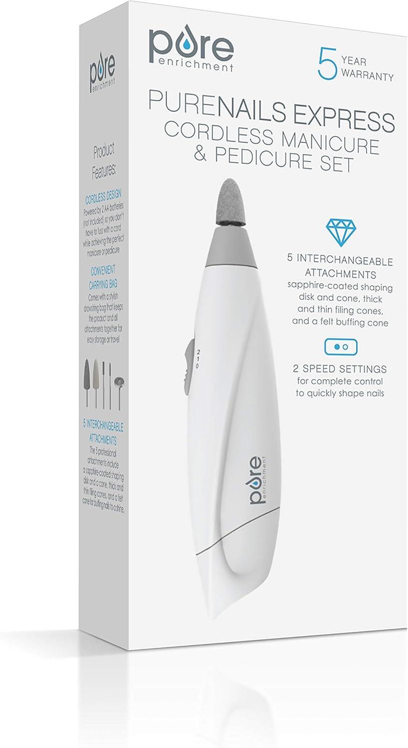 Pure Enrichment PureNails Express Cordless Manicure and Pedicure System - Portable, Battery-Powered Nail File with 5 Interchangeable Attachments, 2 Speeds and Storage Bag - Ideal for Travel & Home