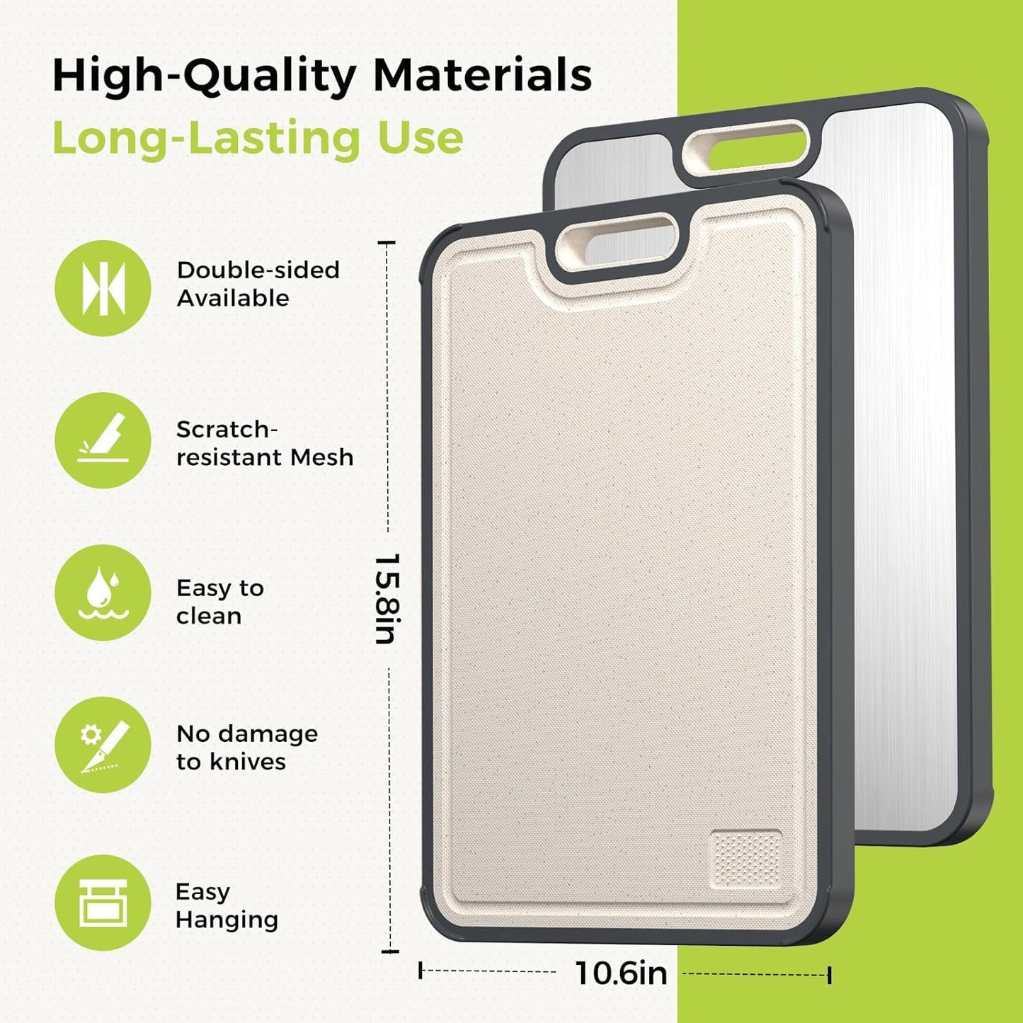Titanium Cutting Board for Kitchen, Cutting Board Double Sided Food Grade, Pure Titanium and Wheat Straw PP, Easy to Clean Large Size 16”×10”