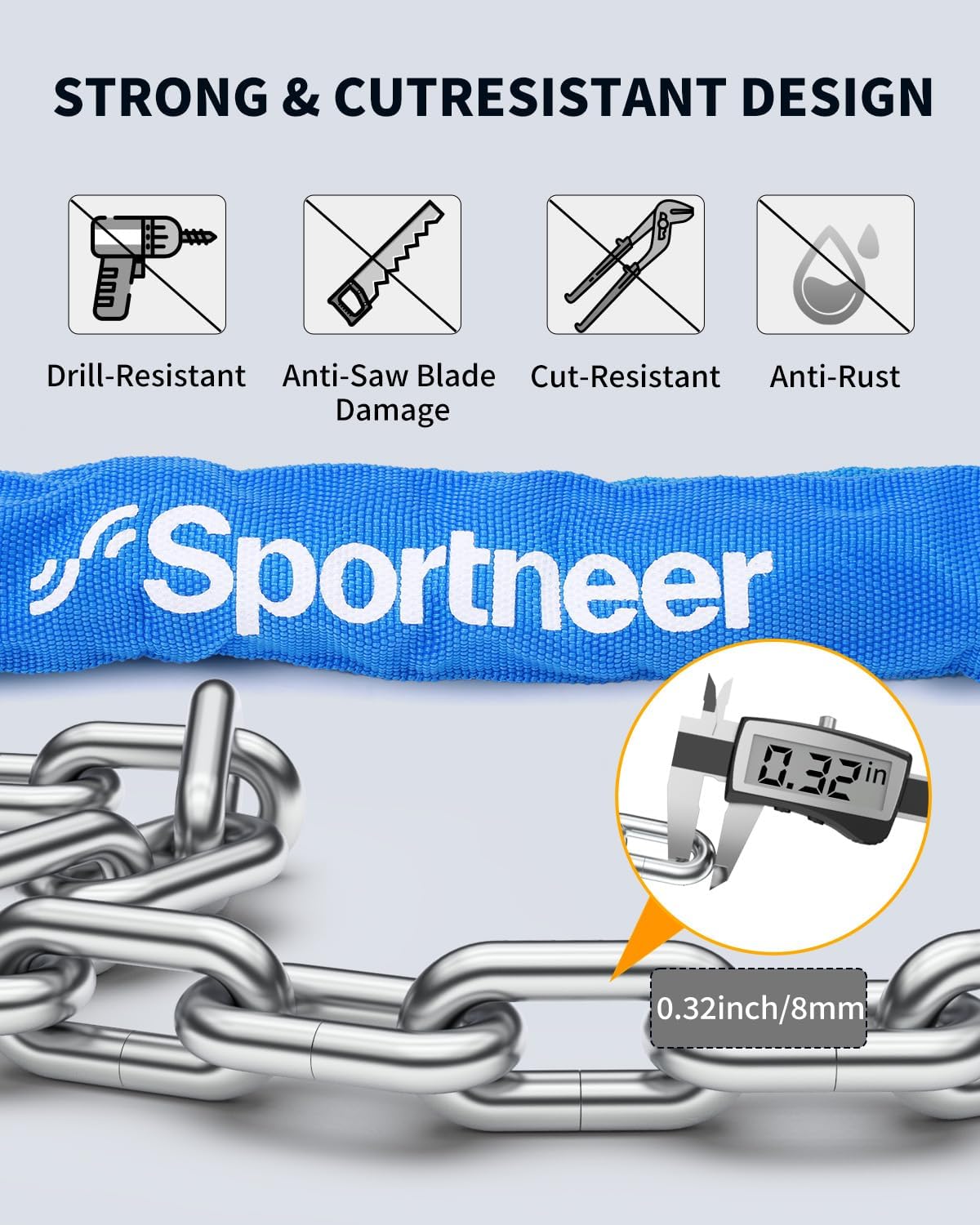 Sportneer Bike Lock Anti-Theft Bicycle Chain Lock Heavy Duty 0.32inch/8mm Thicker Motocycle Lock High Security with 2 Keys for Bike, Scooter, Moto, Door, Gate Fence