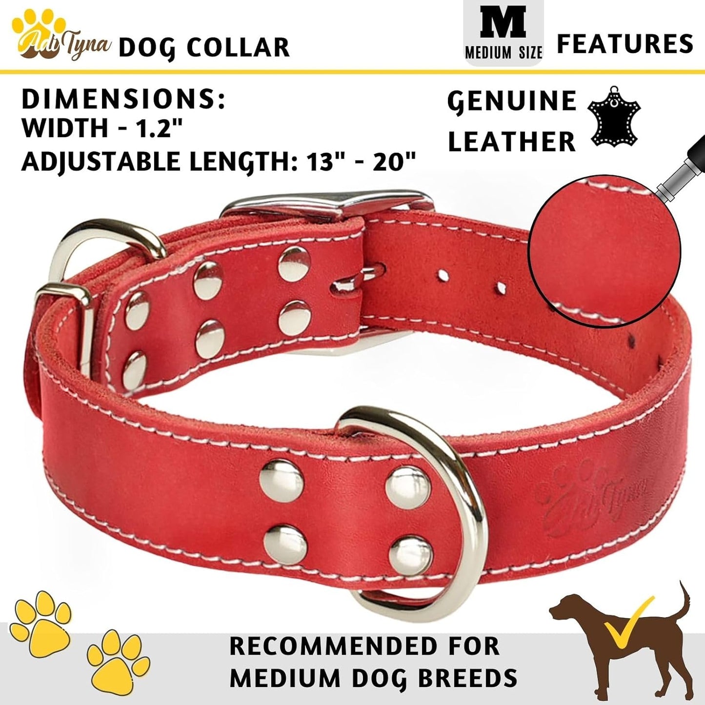 ADITYNA Heavy-Duty Leather Dog Collar for Medium Dogs - Soft and Strong, 100% Genuine Leather - Collier Pour Chien (Medium: Fit 13" - 20" Neck, Brown)
