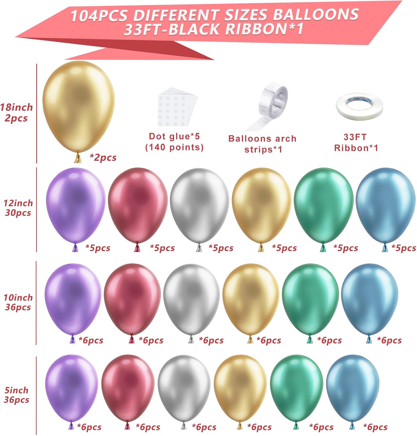 Gold Metallic Chrome Latex Balloon Arch Kit, 102PCS 18In 12In 10In 5In Arch Garland For Festival Picnic, Engagement, Wedding, Birthday Party, Gold Theme Anniversary Decoration With 33FT Ribbon