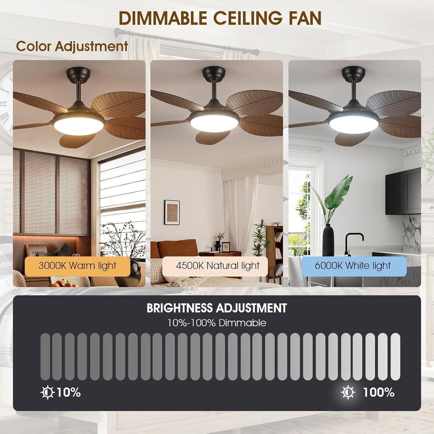 Wiviniya Ceiling Fans with Lights and Remote/APP Control, 44 Inch Tropical Palm Leaf Ceiling Fan with LED Lights, Outdoor Ceiling Fans for Patios Porch, Reversible Quiet Motor, Dimmable, Light Brown