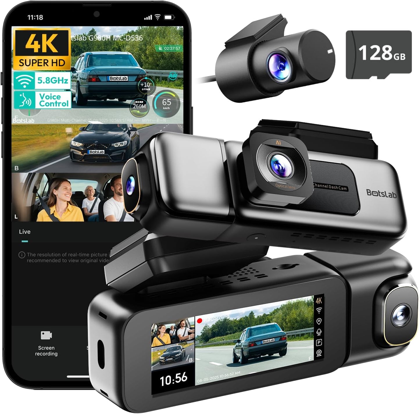 BOTSLAB 3 Channel 4K Dashcam with 128GB Card, Voice Command, 3.18 inch Touch Screen, 4K Front and 1080P Rear Inside Loop Recording, Triple Car Camera with IR Night Vision, WDR, Parking Mode