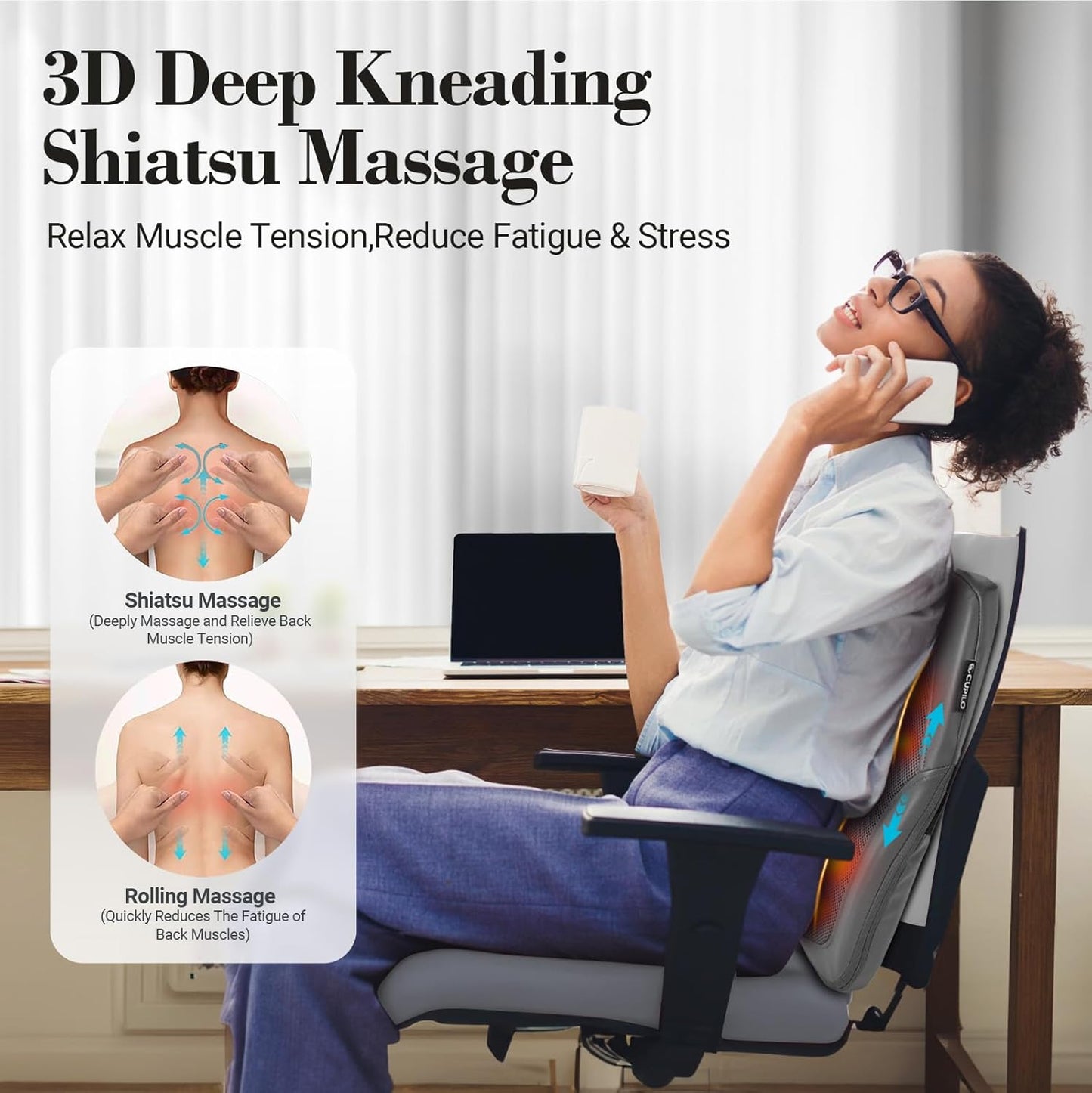 CuPiLo Shiatsu Low Back Massager with Heat, 3D Kneading Massage Pillow for Deep Tissue, Portable Rolling Lower Back Massager for Home Office, Gifts for Men Women Mom Dad