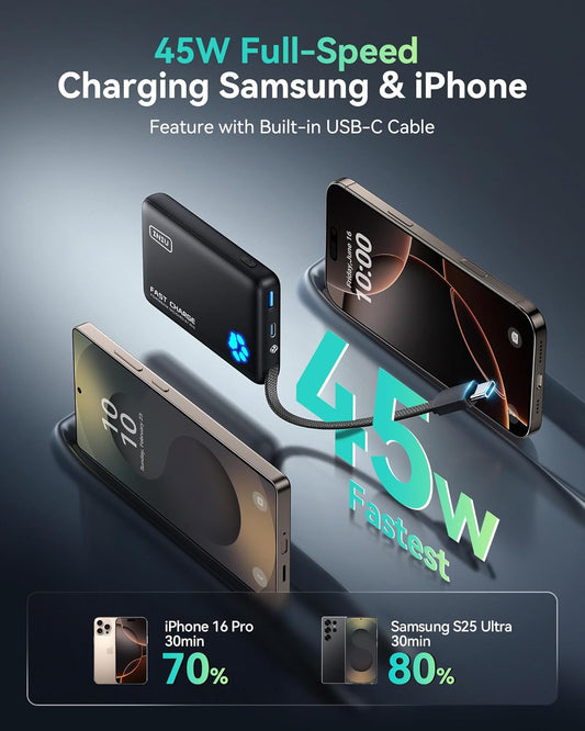 INIU 45W Portable Charger, Slimmest 10000mAh Power Bank with Build in USB C Cable, Fast Charging PD USB C in&Out Battery Pack, External Phone Charger for iPhone 16 15 Samsung S23 S22 Google iPad etc