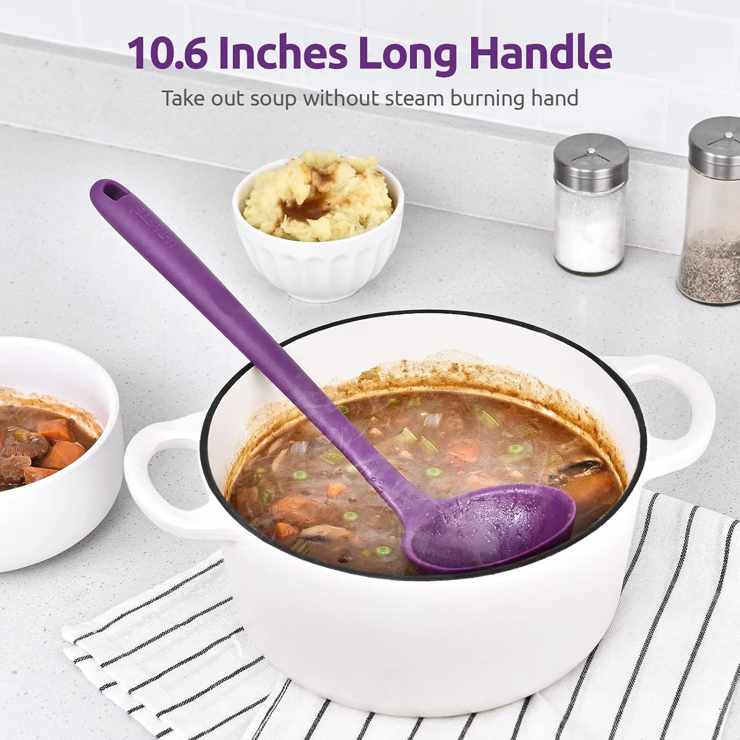 13 inch Silicone Soup Ladle: U-Taste 600ºF Heat Resistant 4 oz Large Non-Stick Seamless Rubber Kitchen Deep Serving Spoon with Non-Slip Solid Long Handle for Cooking Sauce/Stews/Gravies/Chili(Purple)