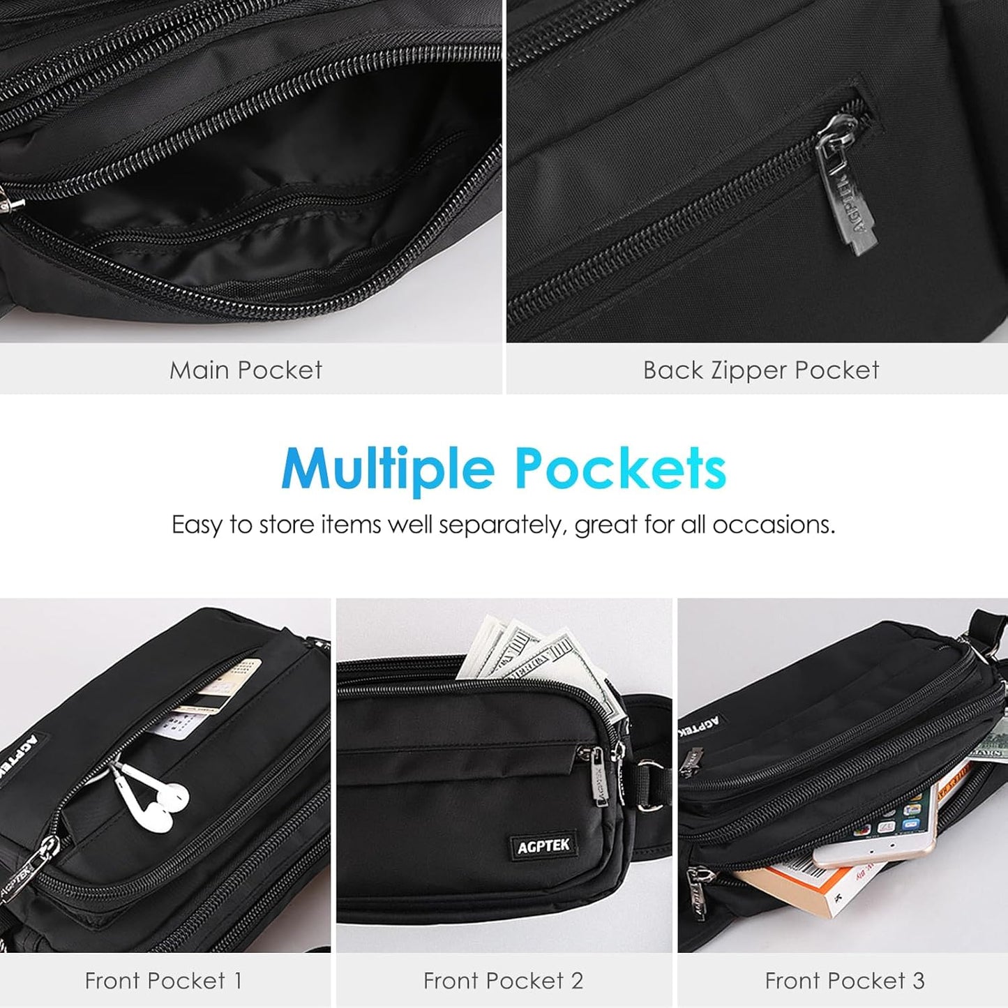 AGPTEK Men's Women's Outdoor Sports Running Waist Bag with Multiple Pockets and Adjustable Belt for Travel, Hiking, Climbing, Jogging, Hiking