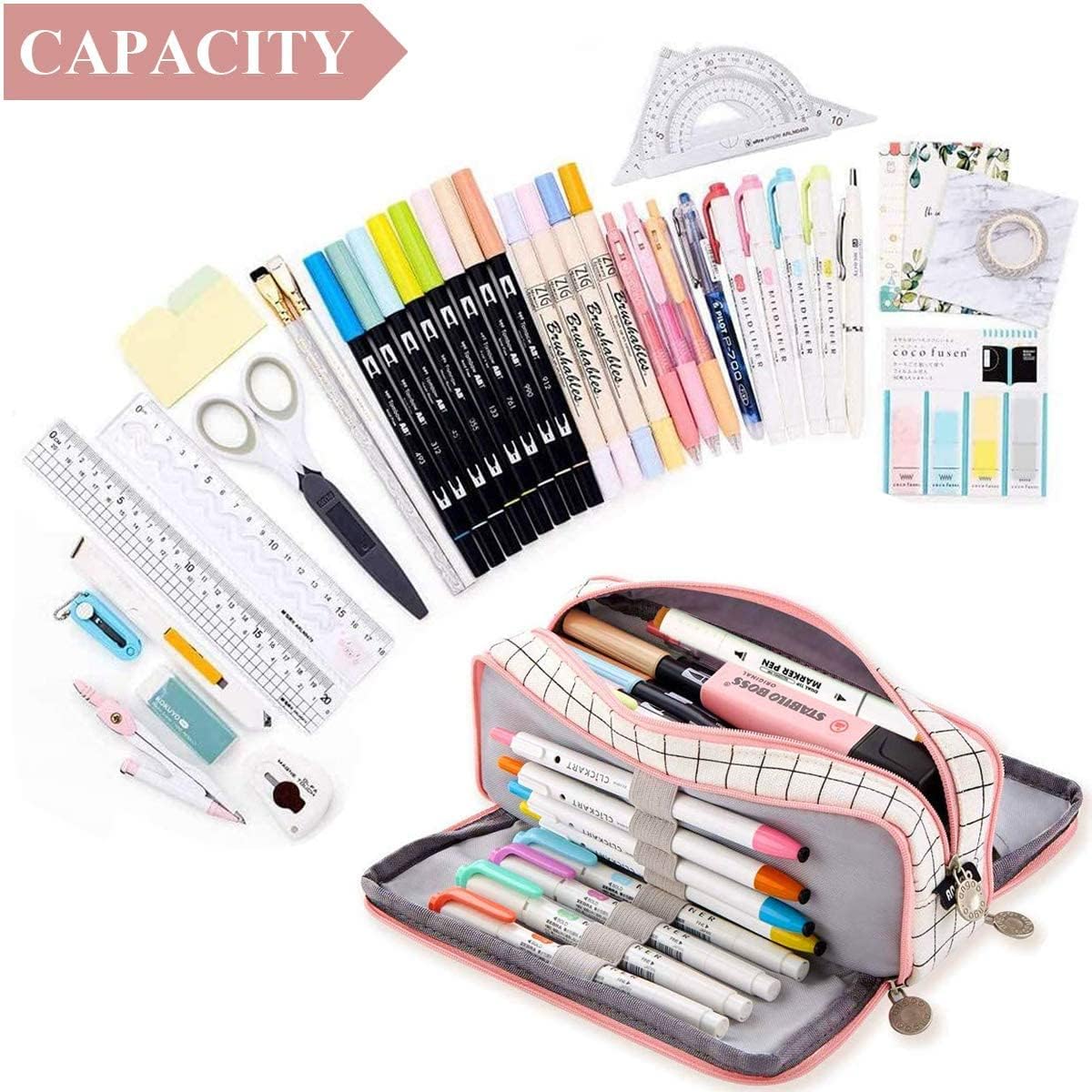 Big Capacity Pencil Case, OLIYuMi 3 Compartment Pencil Pouch Pencil Bag Storage Box Stationery Organizer Makeup Bag with Zipper Closure for Student Office College Boys and Girls (Pink)
