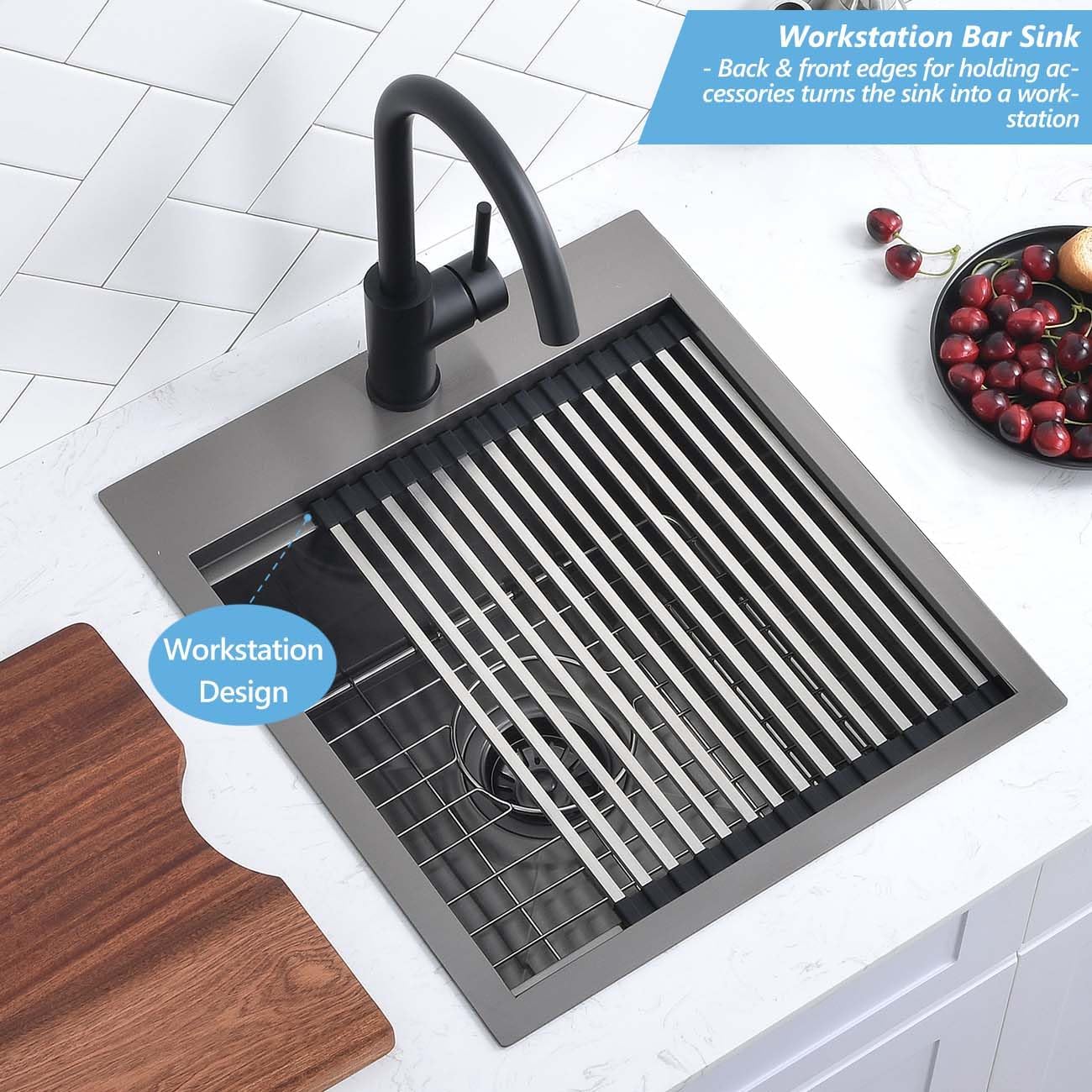 15 Black Stainless Steel Drop in Kitchen Bar Sink, Scamall 15X15X9 Inches Topmount Small Bar Sinks - 16 Gauge Matte Black Stainless Steel Workstation Kitchen Bar Sink SM021-1SBG