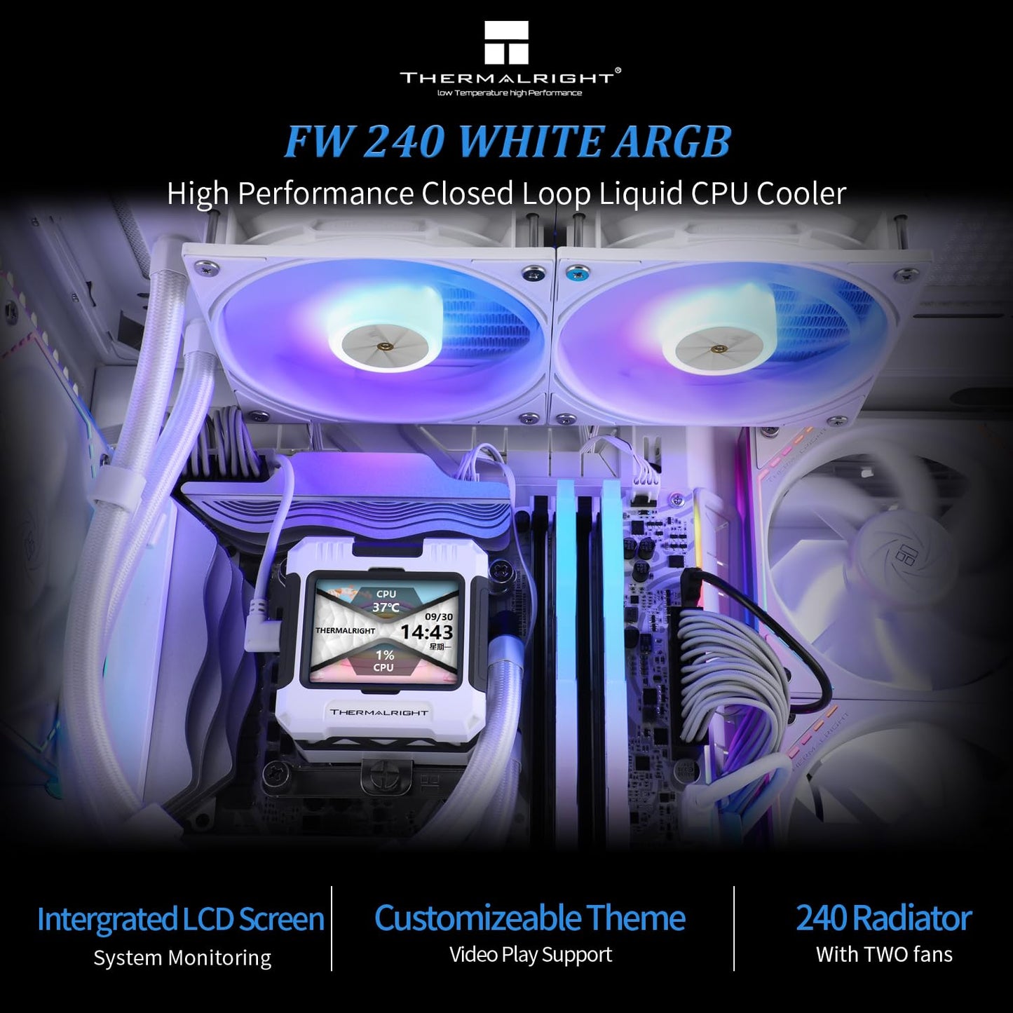 Thermalright FW 360 Black ARGB-360mm AIO CPU Liquid Cooler,IPS LCD Screen with 320 * 240 Resolution,for AM5/Intel LGA1700,‘2.4 inch’Magnet-Absorbent LCD Screen for Images -Black