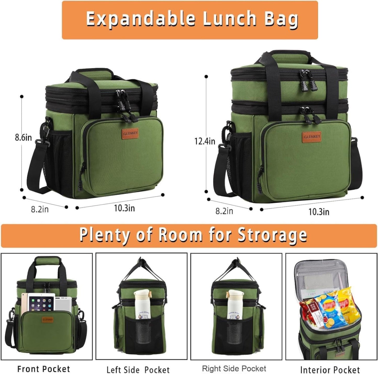 Expandable Large Lunch Bag, Double Deck Insulated Lunch Box Leakproof Durable Soft Cooler Bag for Men Women Adults Work Construction Beach Picnic Daytrip,16L,Black, GLENKEY