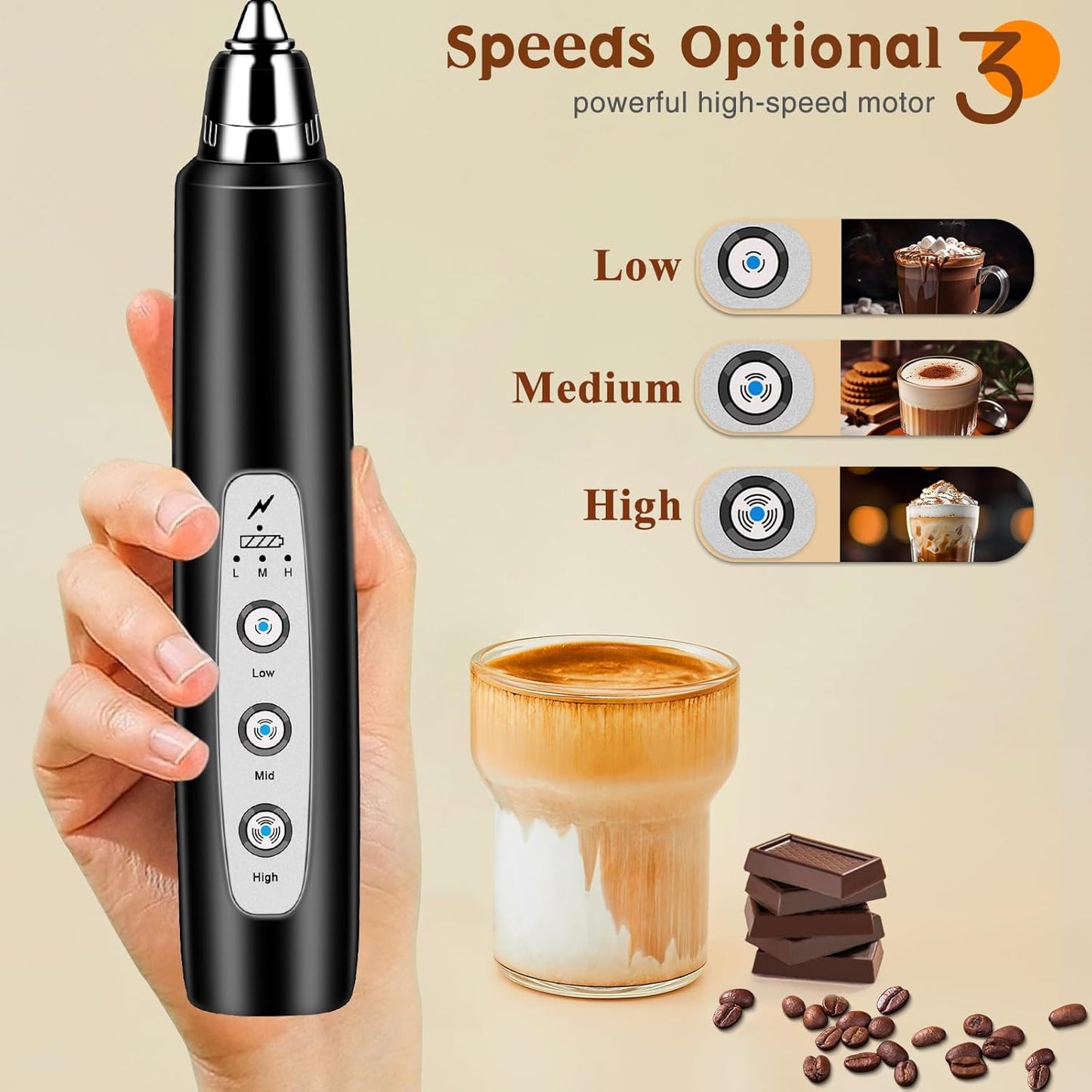 Colarlemo Milk Frother Handheld Rechargeable, Frother Wand Drink Mixer Electric Whisk for Coffee, Detachable With 3 Stainless Whisks, Hand Mixer for Lattes, Cappuccino, Matcha, Egg, No Stand, Black