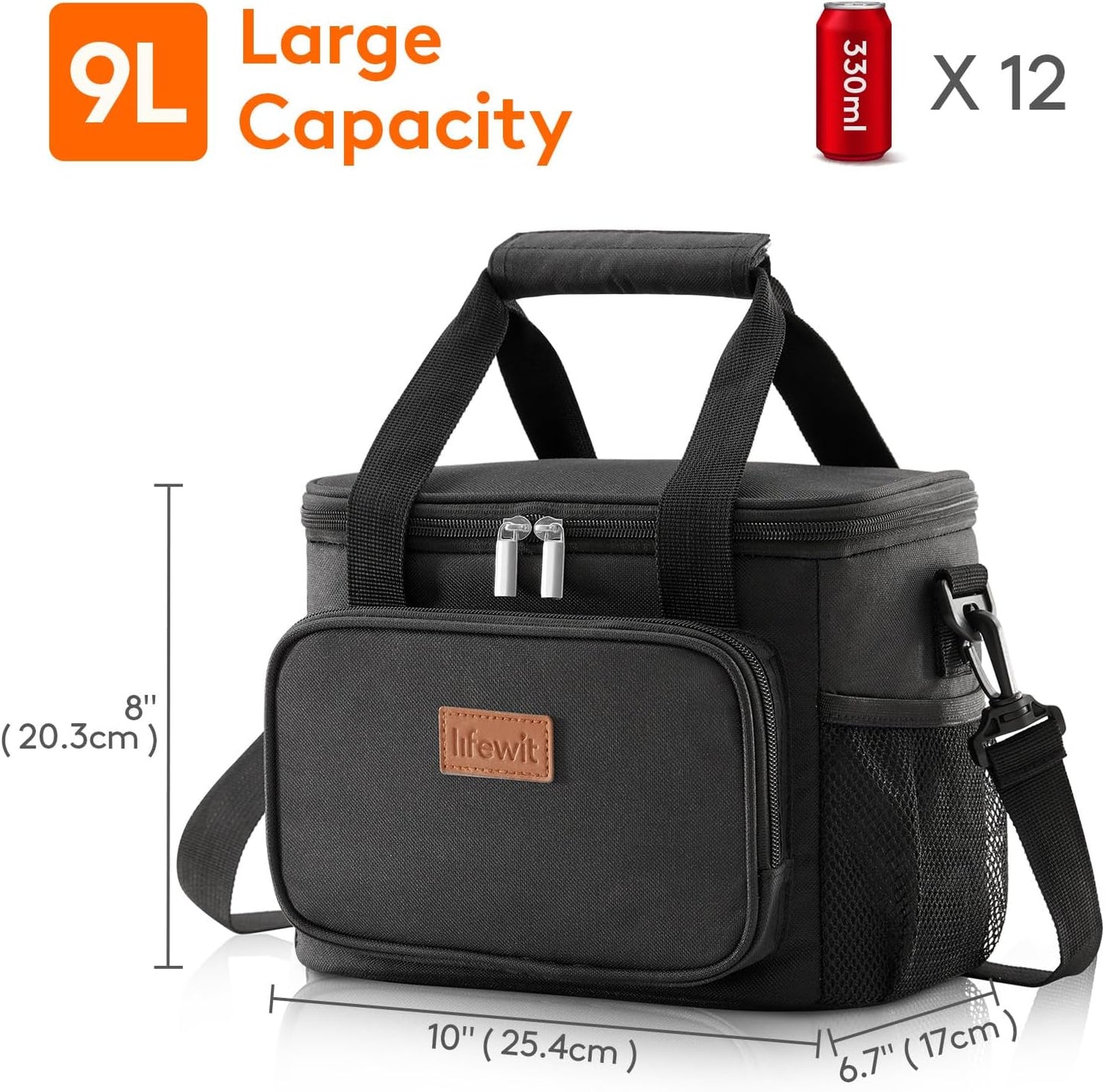 Lifewit Lunch Bag for Men, Insulated Lunch Box Leakproof Soft Cooler Cooling Tote for Adult Women, Waterproof Reusable Lunch Bags for Work Office Outdoor Picnic Camping, Black, 12-Can (9L)