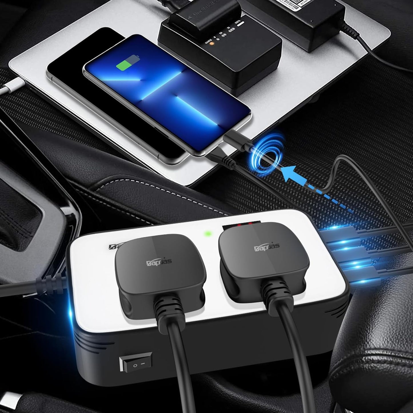 Bapdas 200W Power Inverter DC 12V to AC 110V Car Adapter Plug Outlet with PD 25W USB-C, QC3.0 and Dual USB Ports Loptop Car Charger
