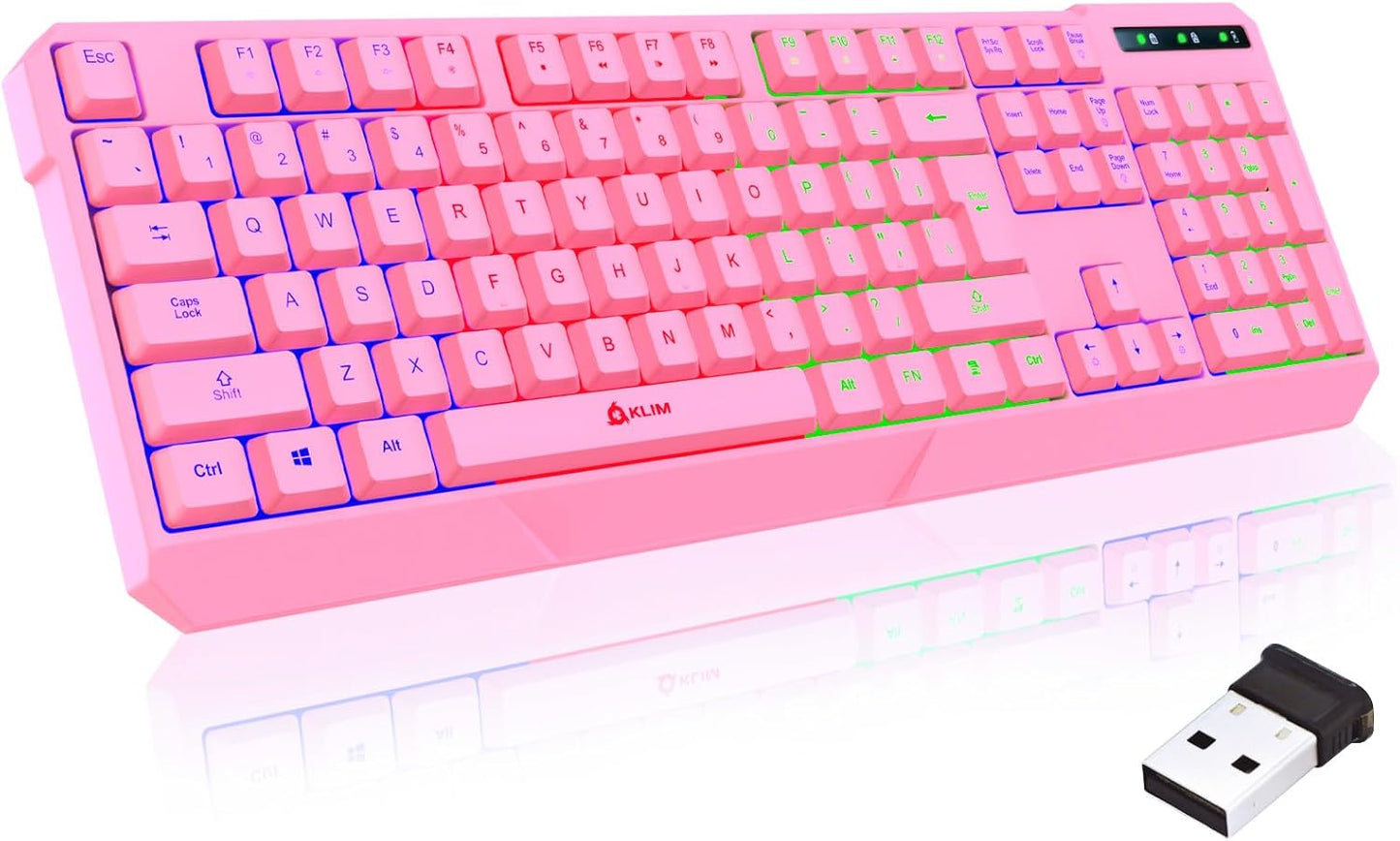 KLIM Chroma Wireless Gaming Keyboard RGB New - Long-Lasting Rechargeable Battery - Quick and Quiet Typing - Water Resistant Backlit Wireless Keyboard for PC PS5 PS4 Mac - Black