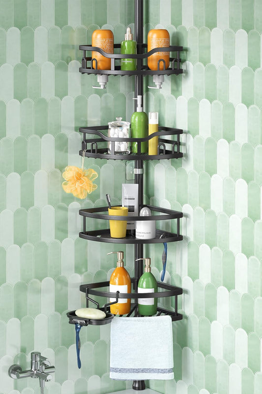 HAMITOR Corner Shower Caddy Tension Pole: High Capacity 4-Tier Rustproof Bathroom Organizer Shelves for Small Bathrooms - 47-121 inch Adjustable Floor Standing Bath Rack Holder - Black