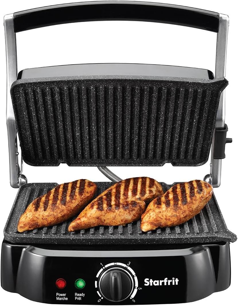 Starfrit The Rock Panini Press - Rock.Tec Non-Stick Reversible Plate - Opens 180 Degrees - Adjustable Temperate Control