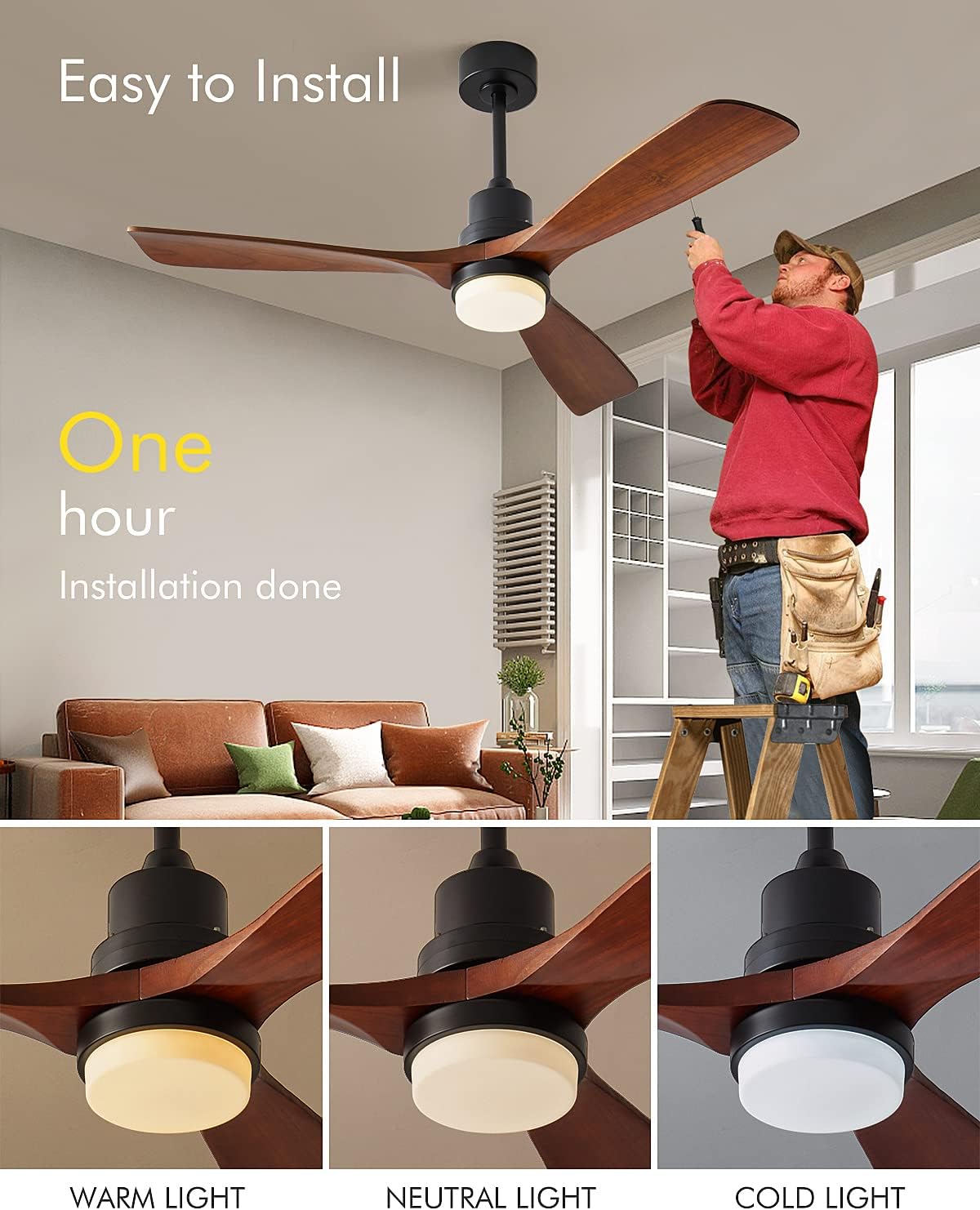 Chriari Ceiling Fans with Lights, 3 Wood Fan Blades, 52" Black Classical Style Fan with Remote Control, Noiseless Reversible DC Motor for Bedroom/Living Room/Study/Porch
