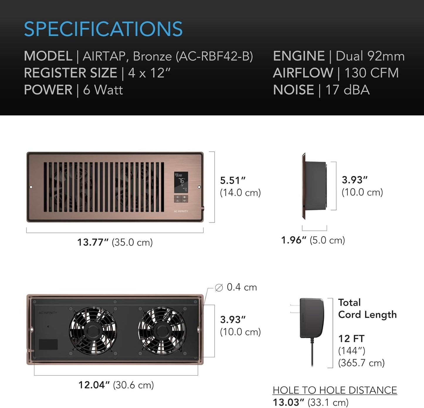 AC INFINITY AIRTAP T4, Quiet Register Booster Fan with Thermostat Control. Brown Bronze Vent. Fits 4 In x 10 In Registers.