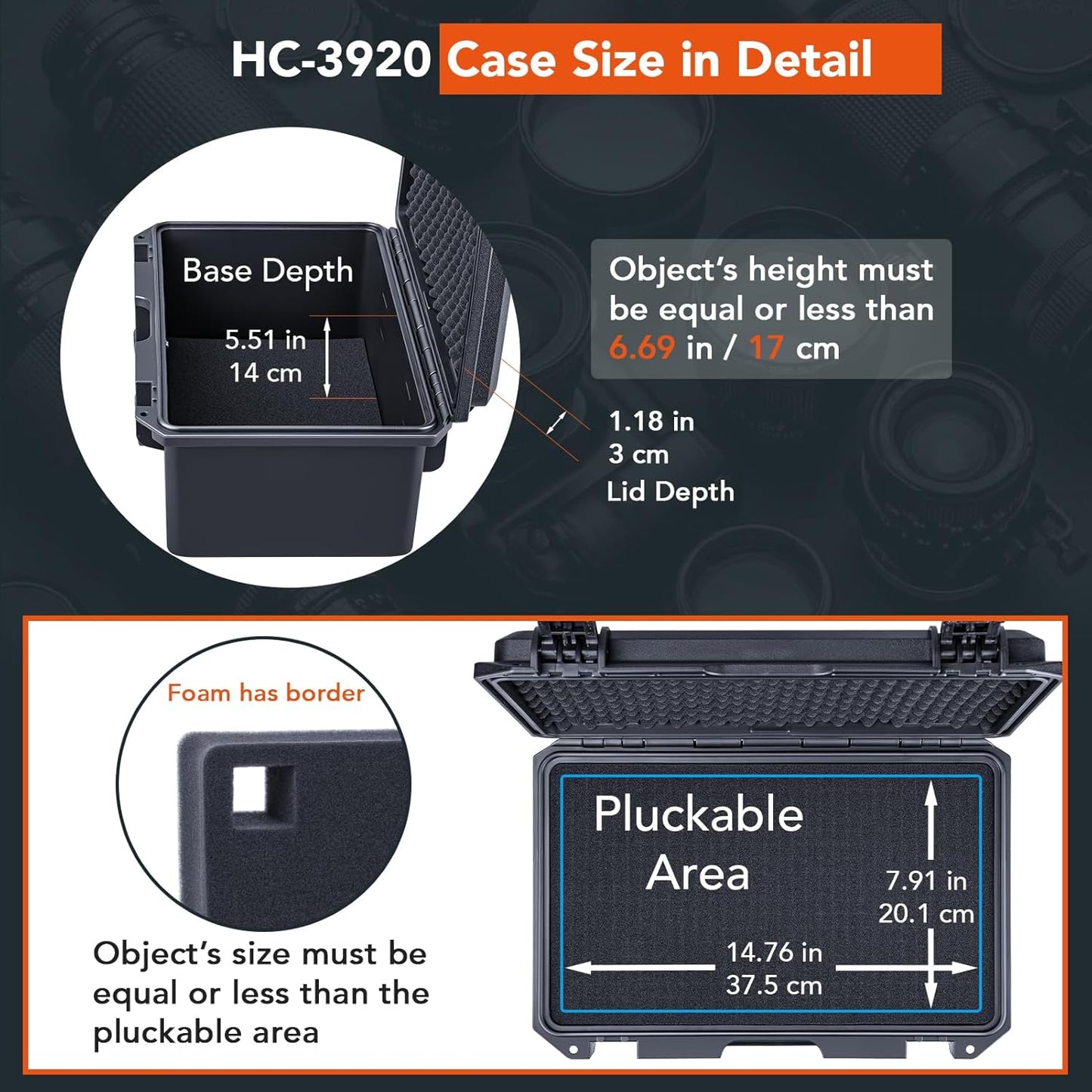 Lykus HC-3810 Waterproof Hard Case with Customizable Foam Insert, Interior Size 38x28x13.5cm, Suitable for Camera, Lens, Drone, mic, Flashlight, Telescope, Action cam, Electronics, Tools, and More
