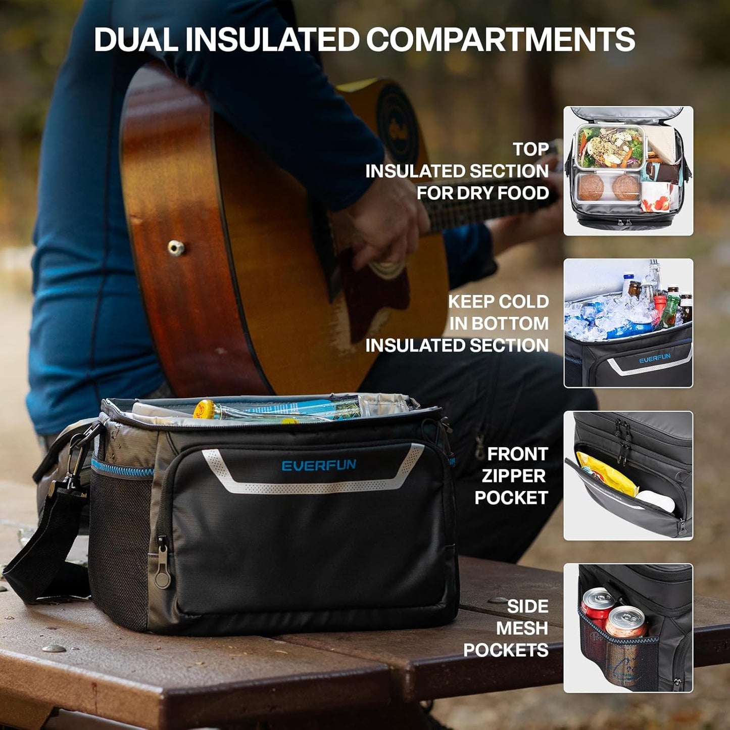 EVERFUN Cooler Bag Insulated Beach Cooler Lunch Bag Box for Men Women Dual Compartments Collapsible Waterproof Leak-Proof for Travel Work Picnic