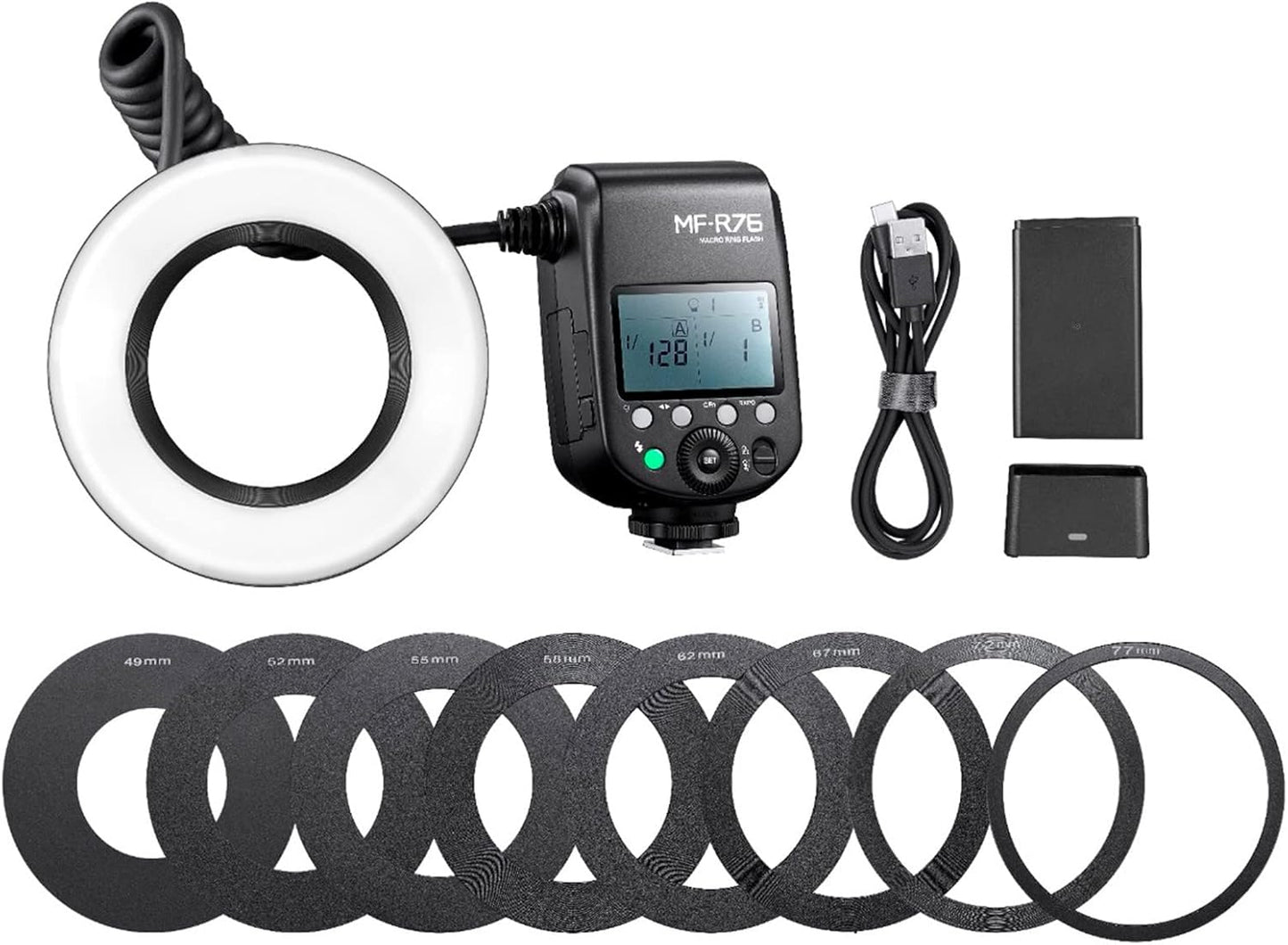 GODOX MF-R76 Macro LED Ring Flash Speedlite 76Ws 660 Full-Power Flashes Dual-Flash Tubes Power Adjustment 1/128 to 1/1 10 Levels of Power Ratio for Canon Nikon Sony Fuji Olympus Panasonic (NO TTL)