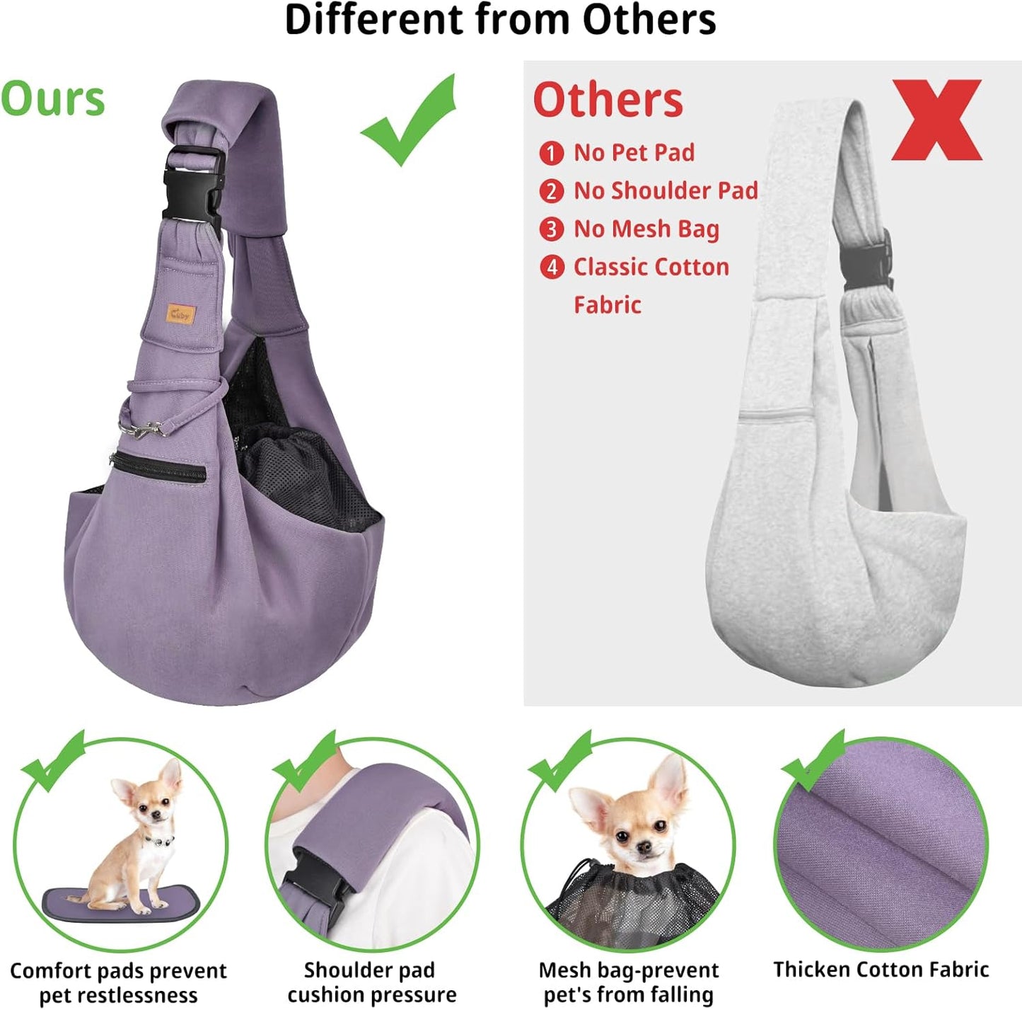 Cuby Adjustable Dog Cat Sling Padded Hard Bottom Pet Carrier Sling Soft Carrying Puppy Bag for Small Dogs Cats Outdoor Travel (Grayish-White)