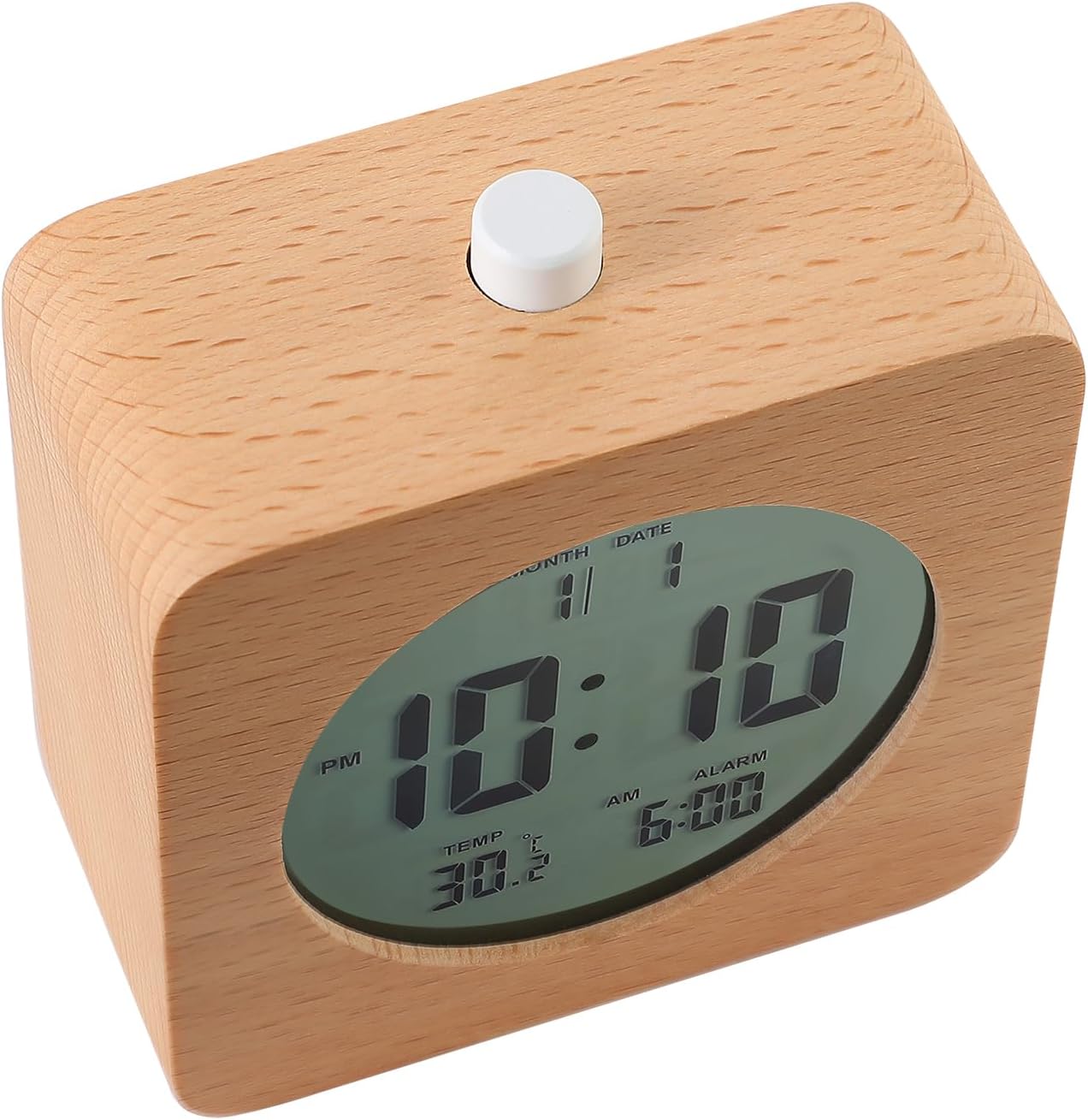 Plumeet Wooden Digital Alarm Clock for Bedrooms, Wood 4'' Battery Powered Alarm Clock with Snooze and Nightlight, Electronic LCD Desk Clock Display Time, Date, Temp, 12/24H, Wood Décor (Sapele, 3.2'')