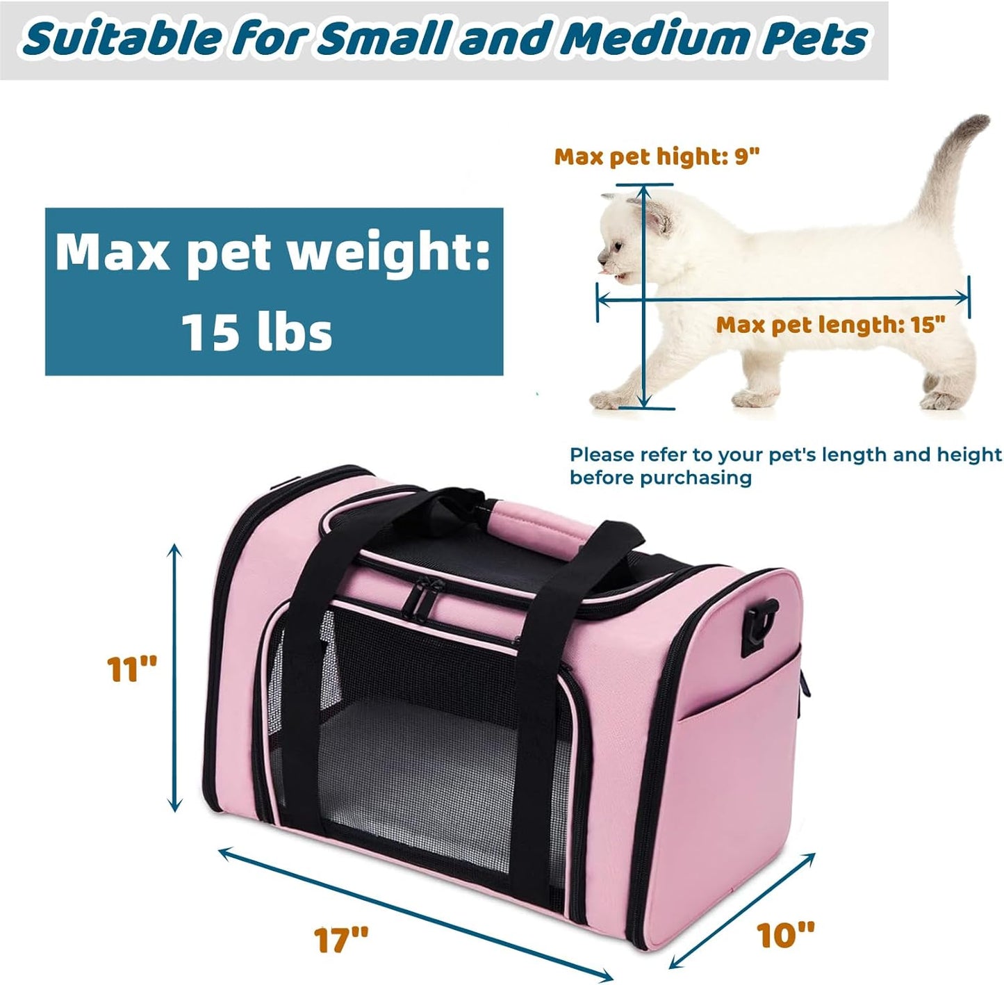 ORYEDA Cat Carrier Bag, Dog Travel Carriers, Airline Approved Soft-Sided Pet Carrier for Small Medium Cats and Small Dogs, Portable Carrier with 4 Open Doors and 3 Mesh Windows, Grey, Collapsible