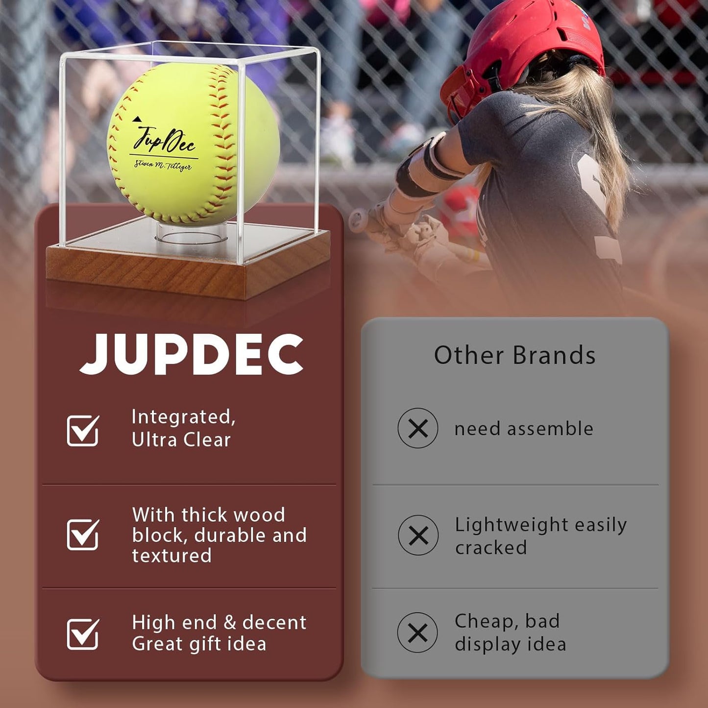 JupDec Baseball Display Case, Clear Cube Baseball Holder with Wooden Base, Autograph Baseball Stand Box for Single Ball, Acacia Wood, Brown, 1 Pack