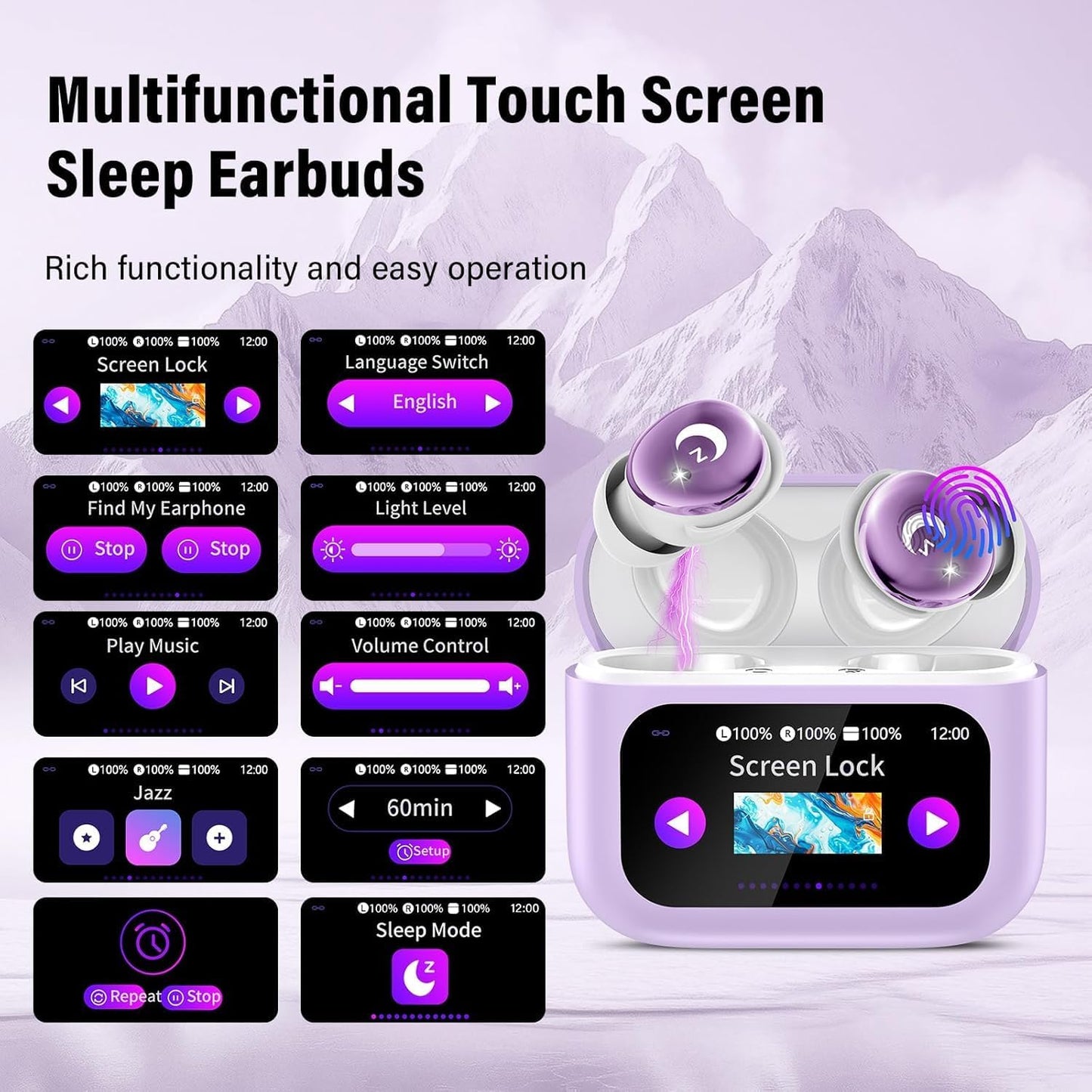 VEKJ Sleep Earbuds, Bluetooth 5.4 Mini Wireless Ear Euds with Multifunctional Touch Screen, 48H Bass Stereo Headphones with Sleep Mode/5 EQ Modes/ENC Noise Cancelling, IPX7 Earphones for iOS Android