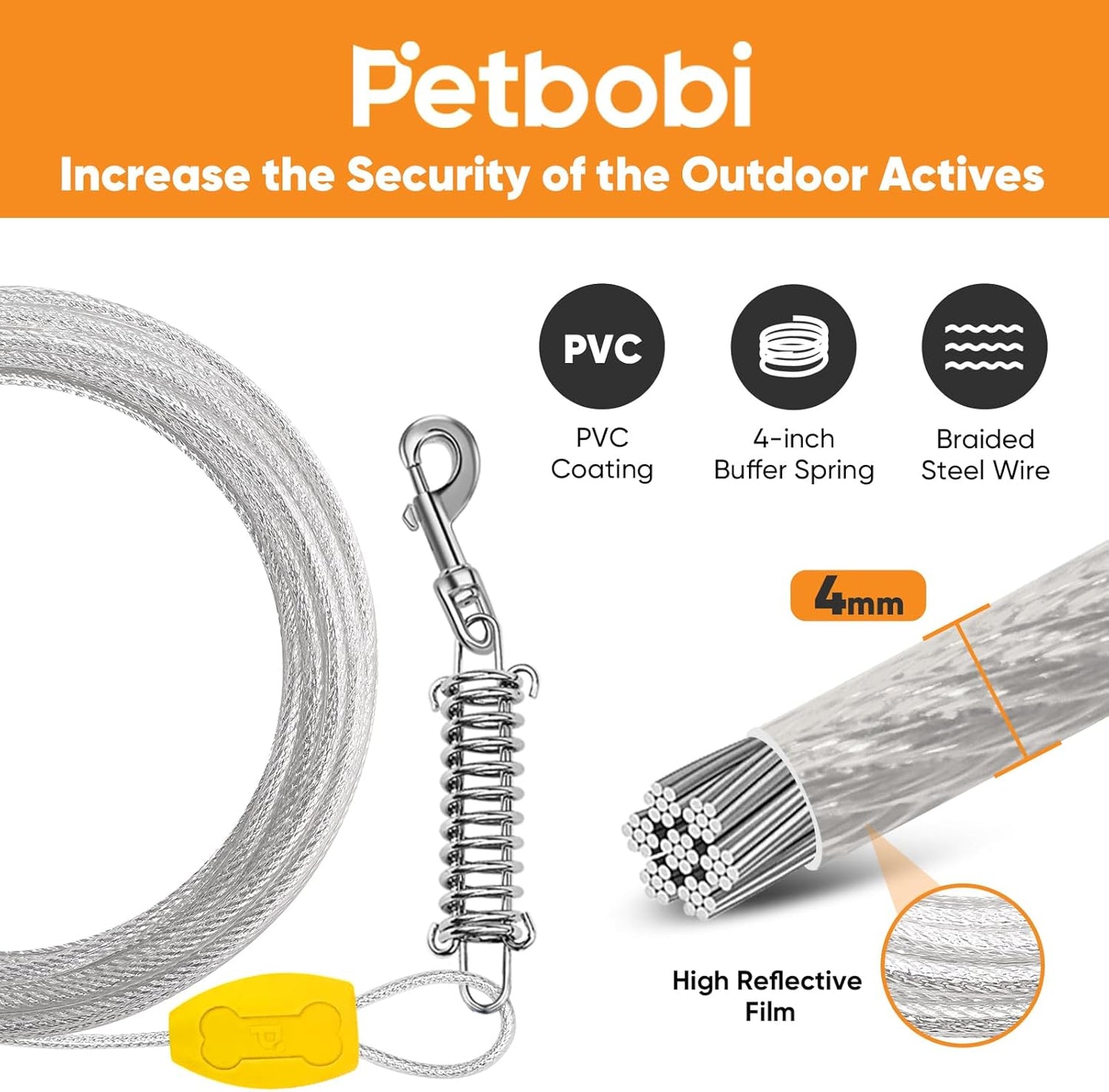 Petbobi Dog Tie-Out Cable and Stake - 30ft Heavy Duty Cable with Spring, No Tangle, 16in Ground Stake, Ideal for Yard, Camping and Beach, Suitable for Small Medium Large Dogs Up to 120 lbs, Blue