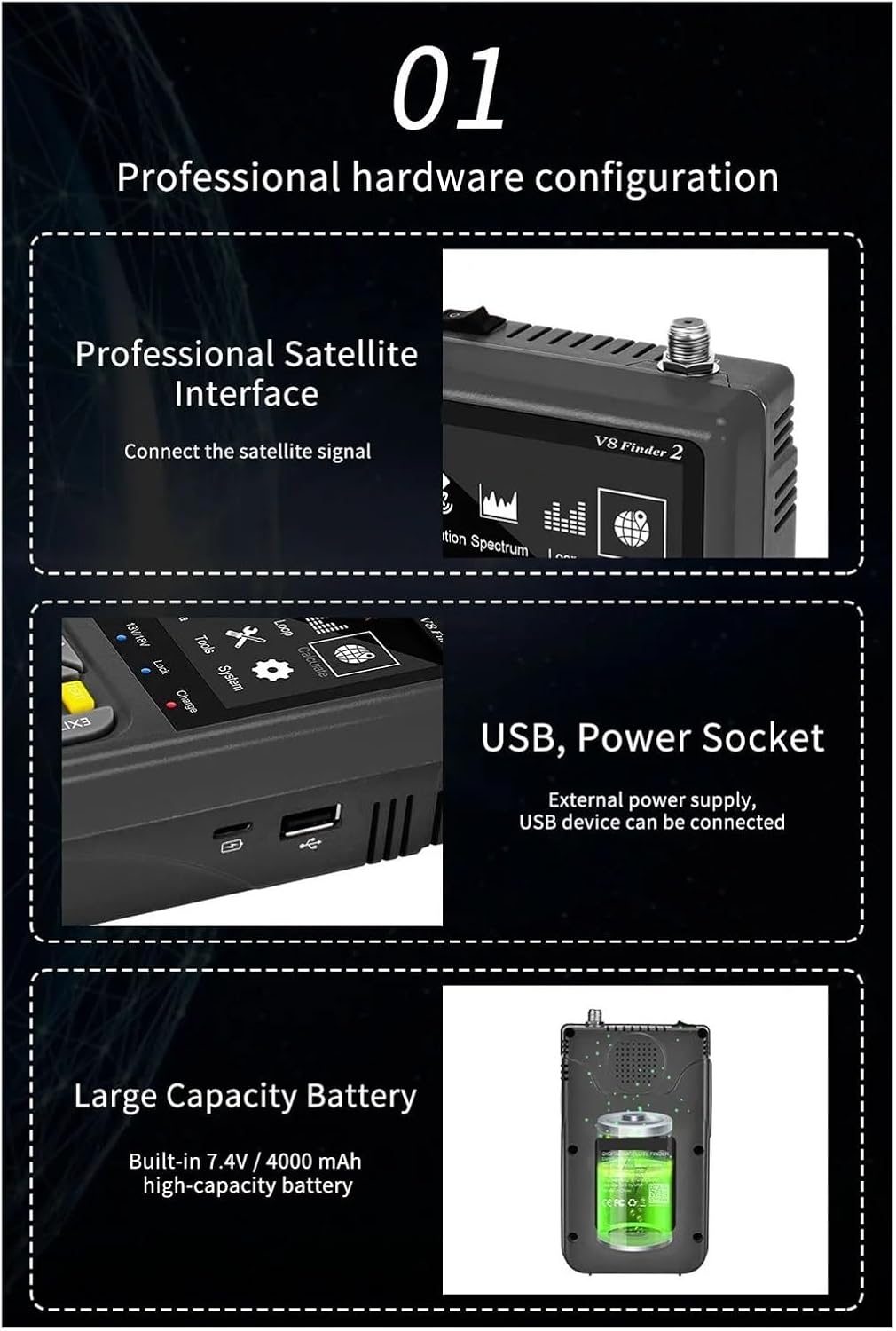 V8 Finder2 Satellite Signal Detector FTA DVB-S/S2/S2X Digital Signal Receiver LCD HD Screen for Adjusting Satellite TV for Dish Network Directv(FD2 Black Bag Charge)