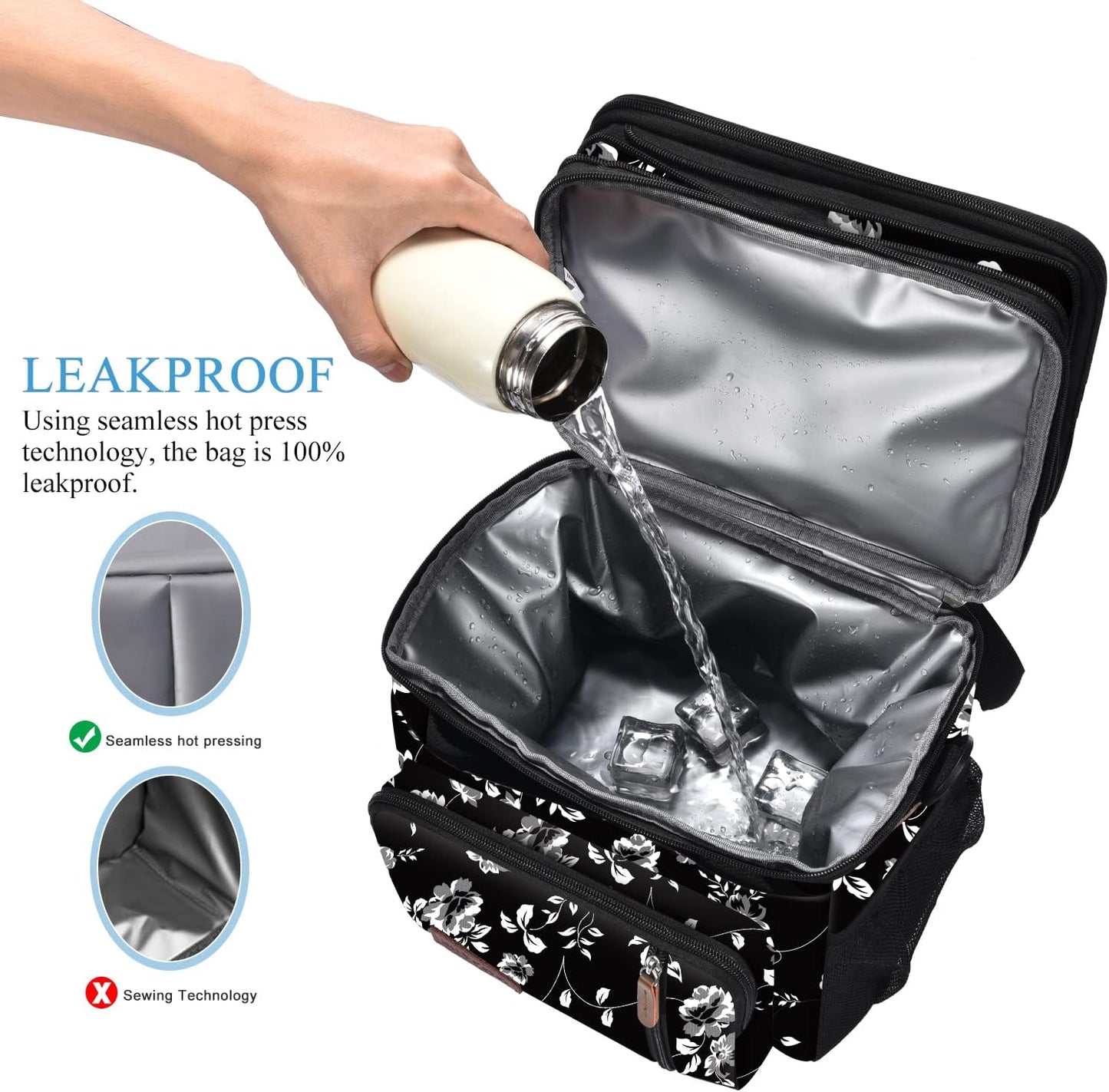 Lunch Bag for Women Men Double Deck Lunch Box - Leakproof Insulated Soft Large Lunch Cooler Bag, MIYCOO (Black,15L)