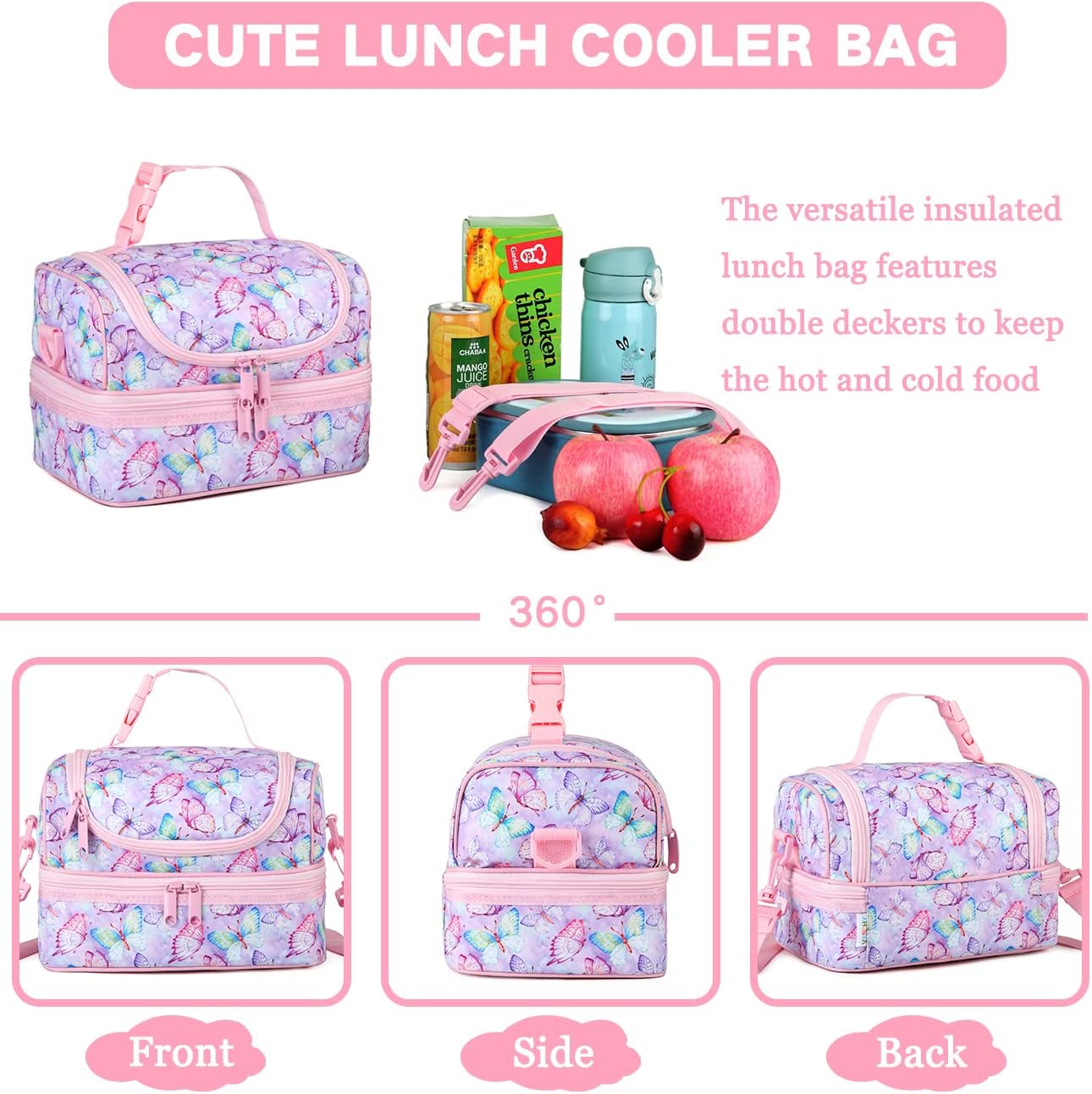 VASCHY Lunch Box Bag Men, Insulated Two Compartments Bento Cooler Bags for Adults/Women/Kids for School,Daycare,Kindergarten,Picnic Black