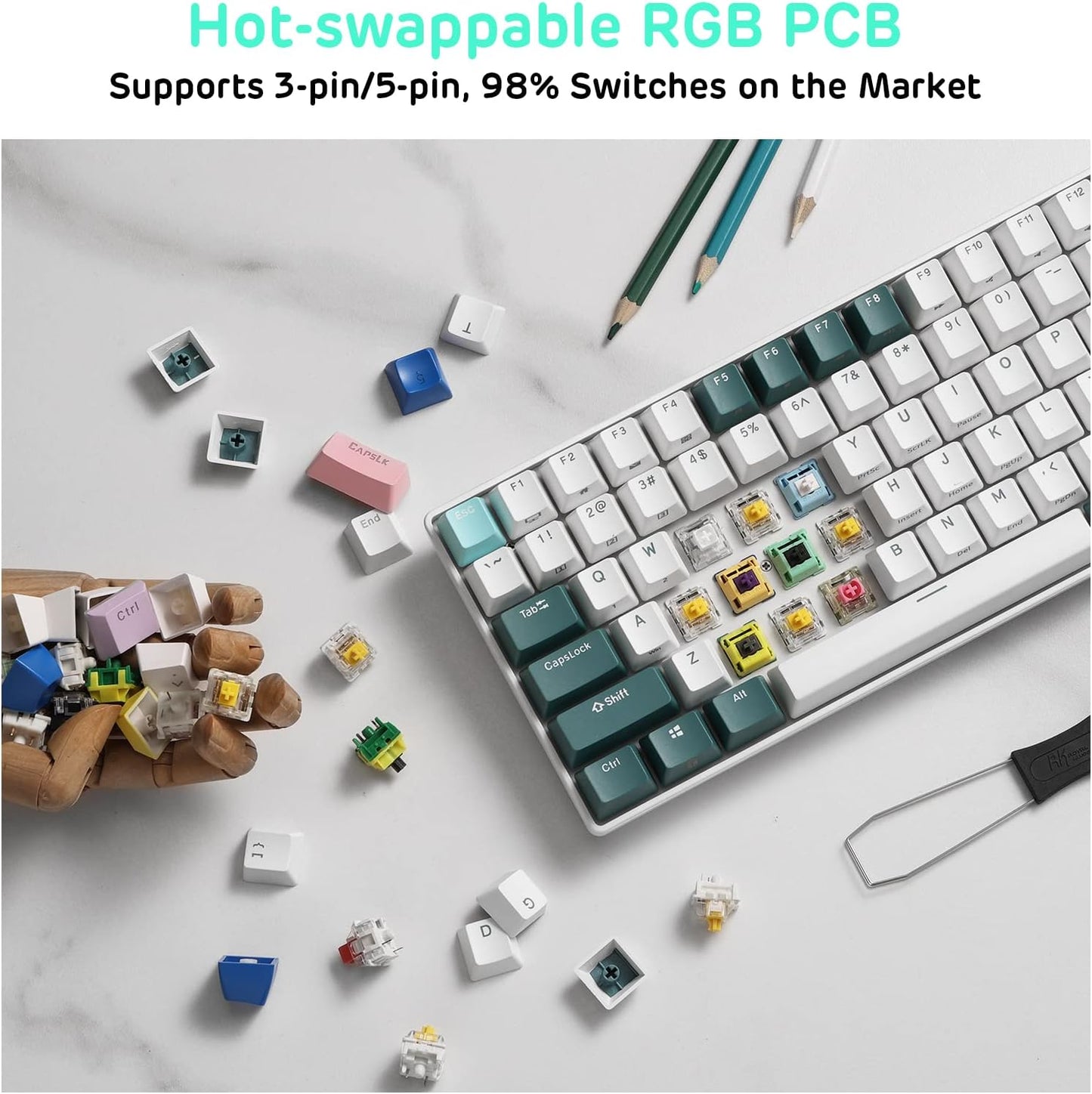 RK ROYAL KLUDGE RK96 RGB Limited Ed, 90% 96 Keys Wireless Triple Mode Bluetooth 5.0/2.4G/USB-C Hot Swappable Mechanical Keyboard w/Software Support & Massive Battery, RK Yellow Switch, Forest Blue